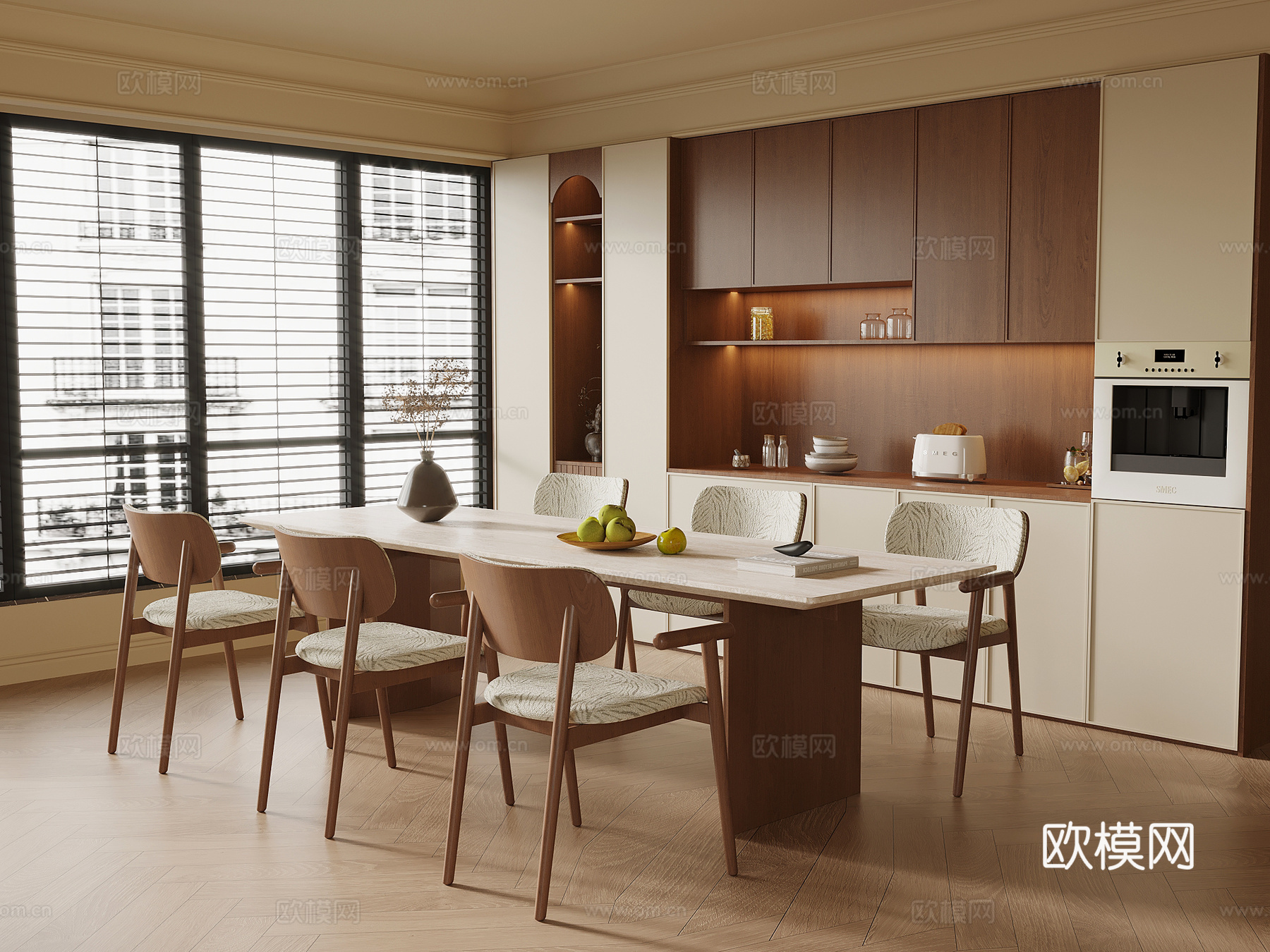 侘寂中古风餐厅 餐桌椅 餐边柜su模型