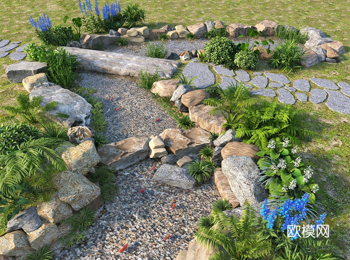 现代新中式溪流 现代溪流自然跌水 自然生态鱼池 自然流水su模型