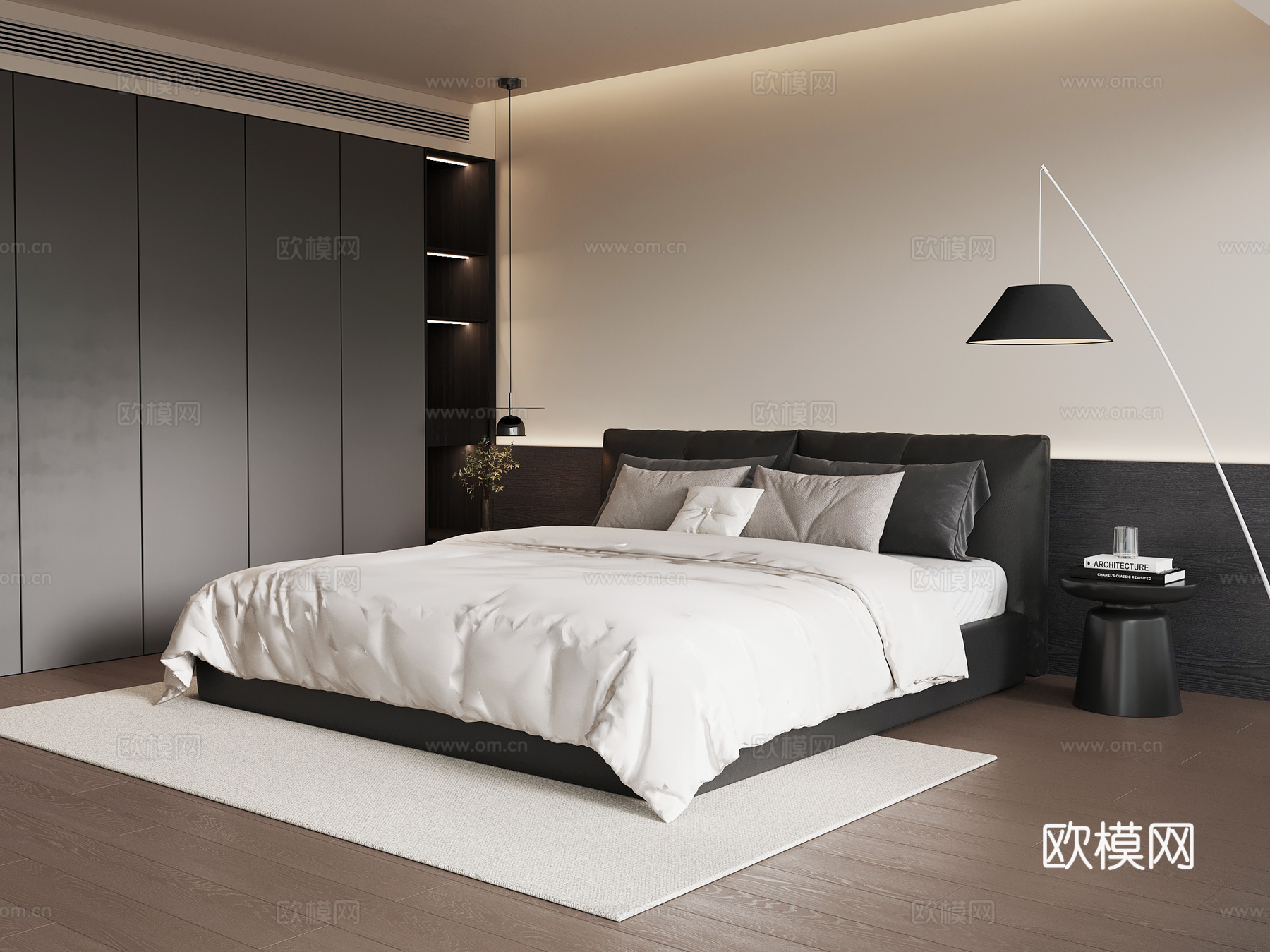 现代意式卧室 双人床su模型