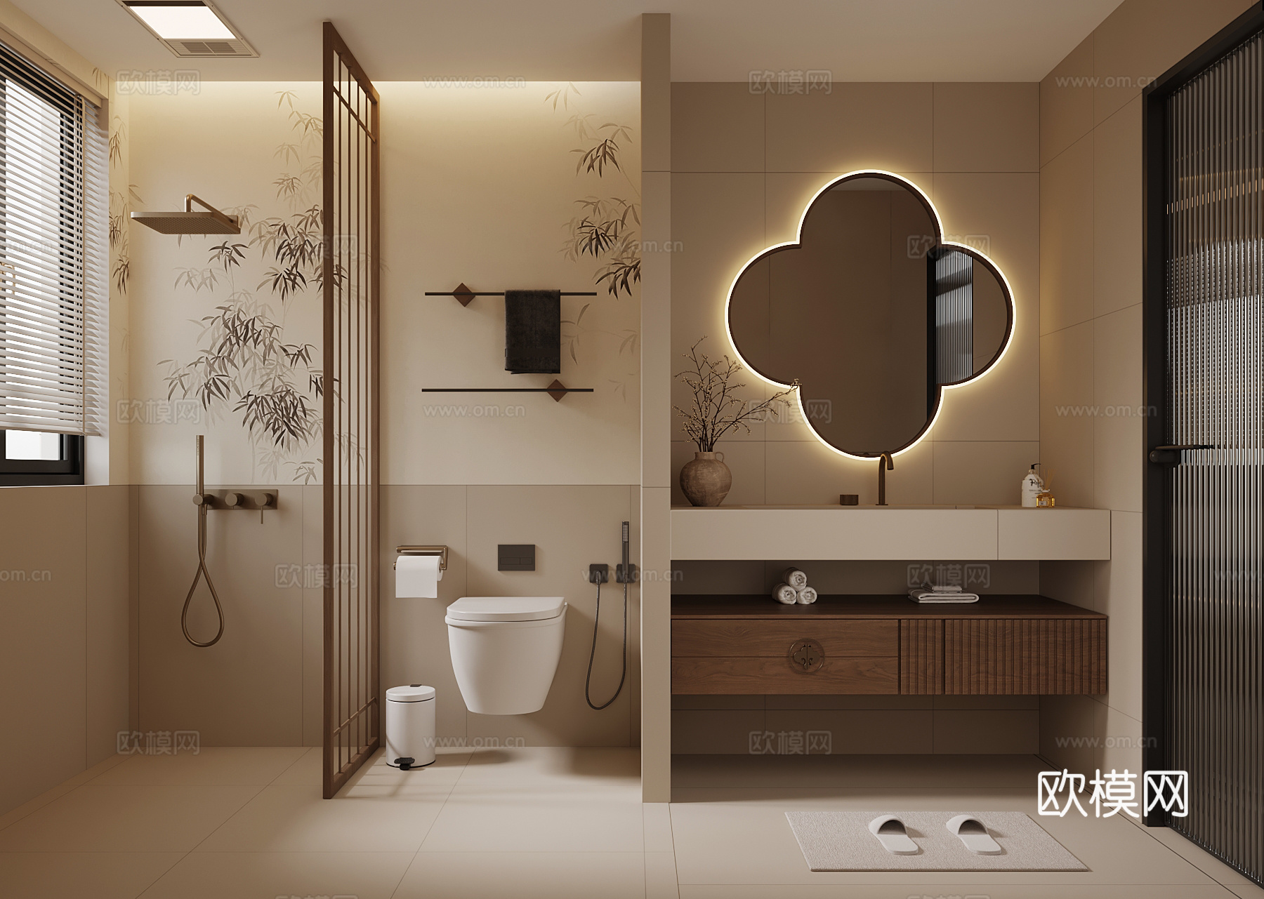 新中式卫生间 浴室柜 淋雨 马桶 卫浴小件su模型