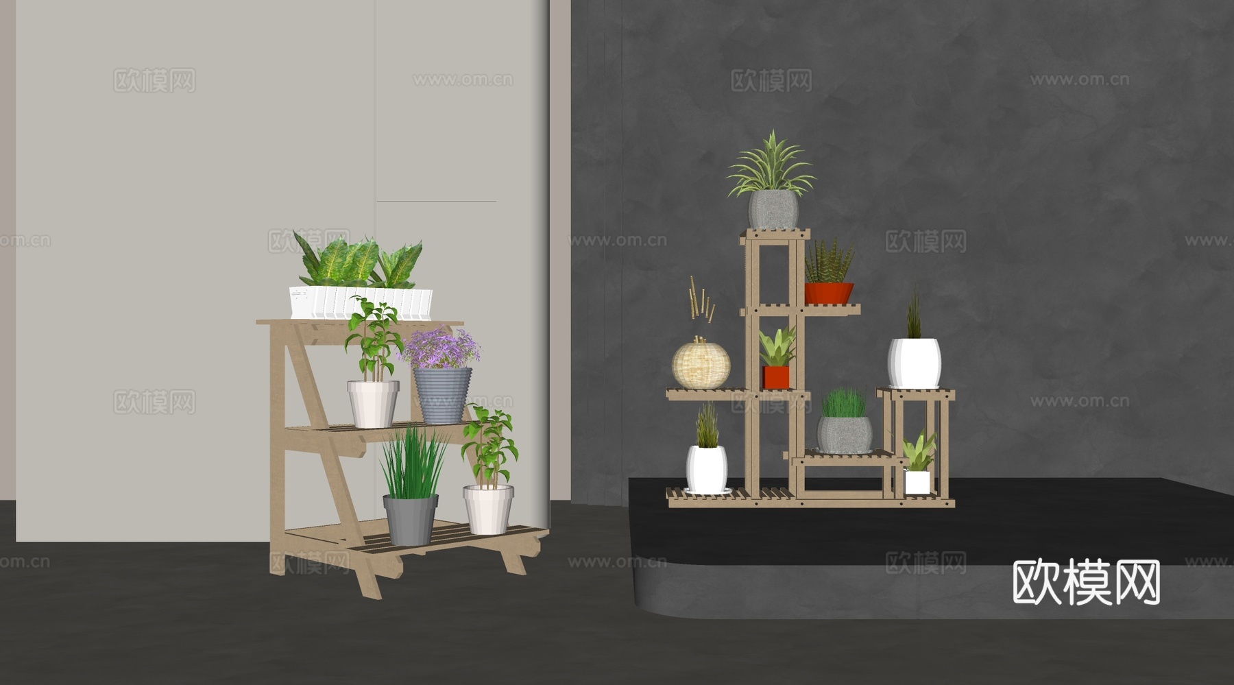 原木花架 置物架 花架  花卉盆栽su模型