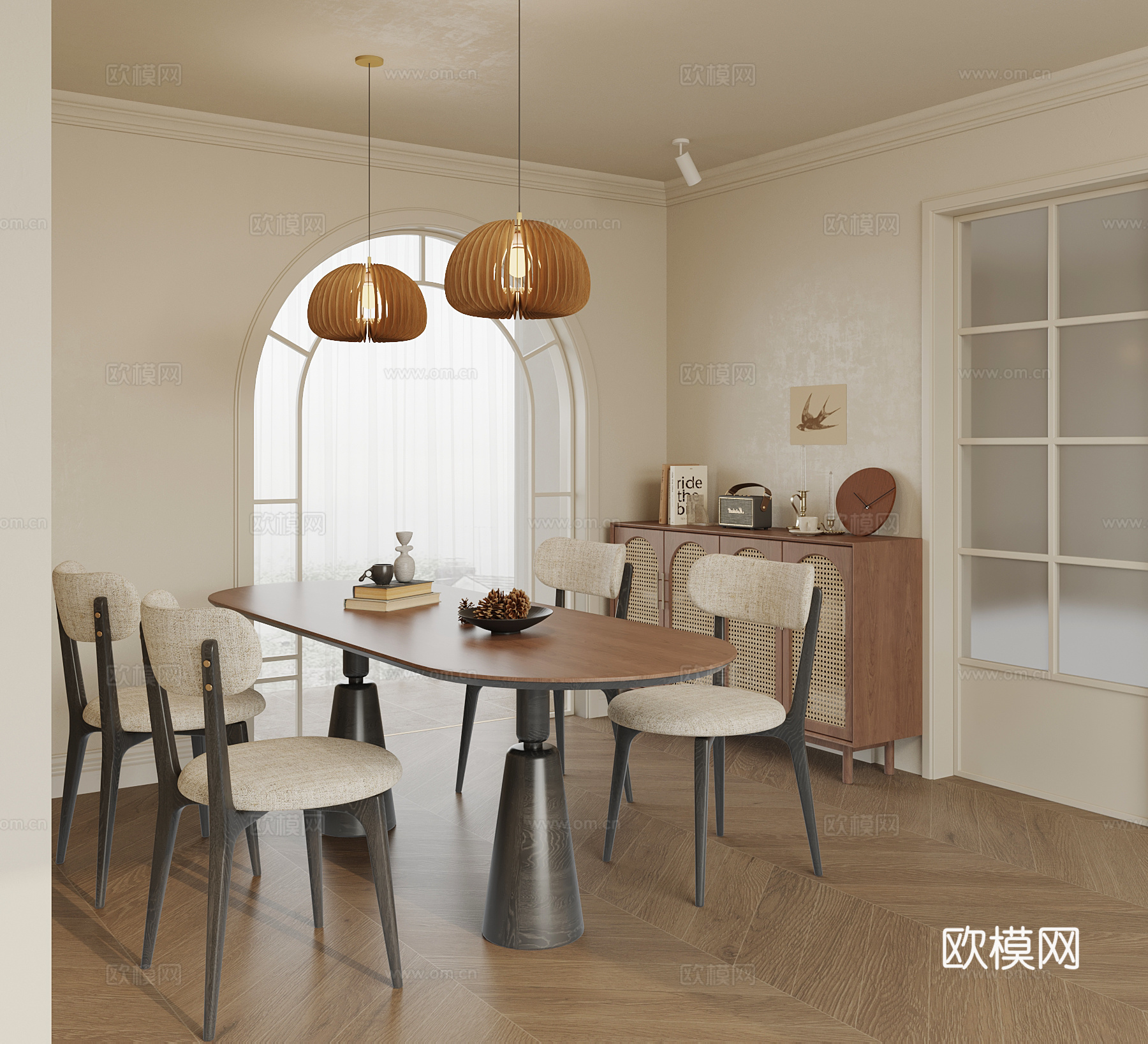 现代中古风餐厅 餐桌椅 餐边柜su模型