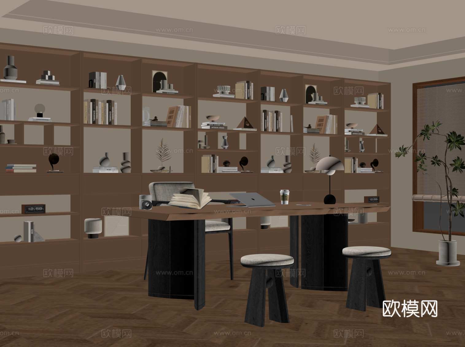 现代中古风书房 书柜 书桌椅su模型
