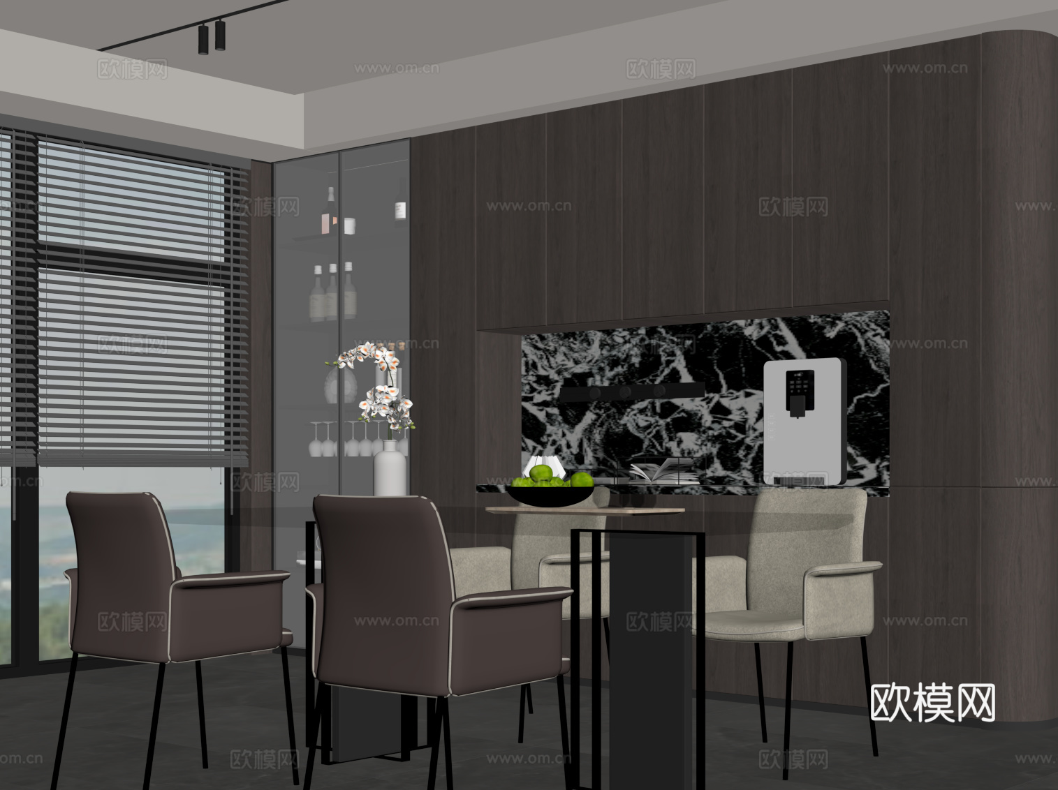 现代意式餐厅 酒柜 餐边柜 餐桌椅su模型