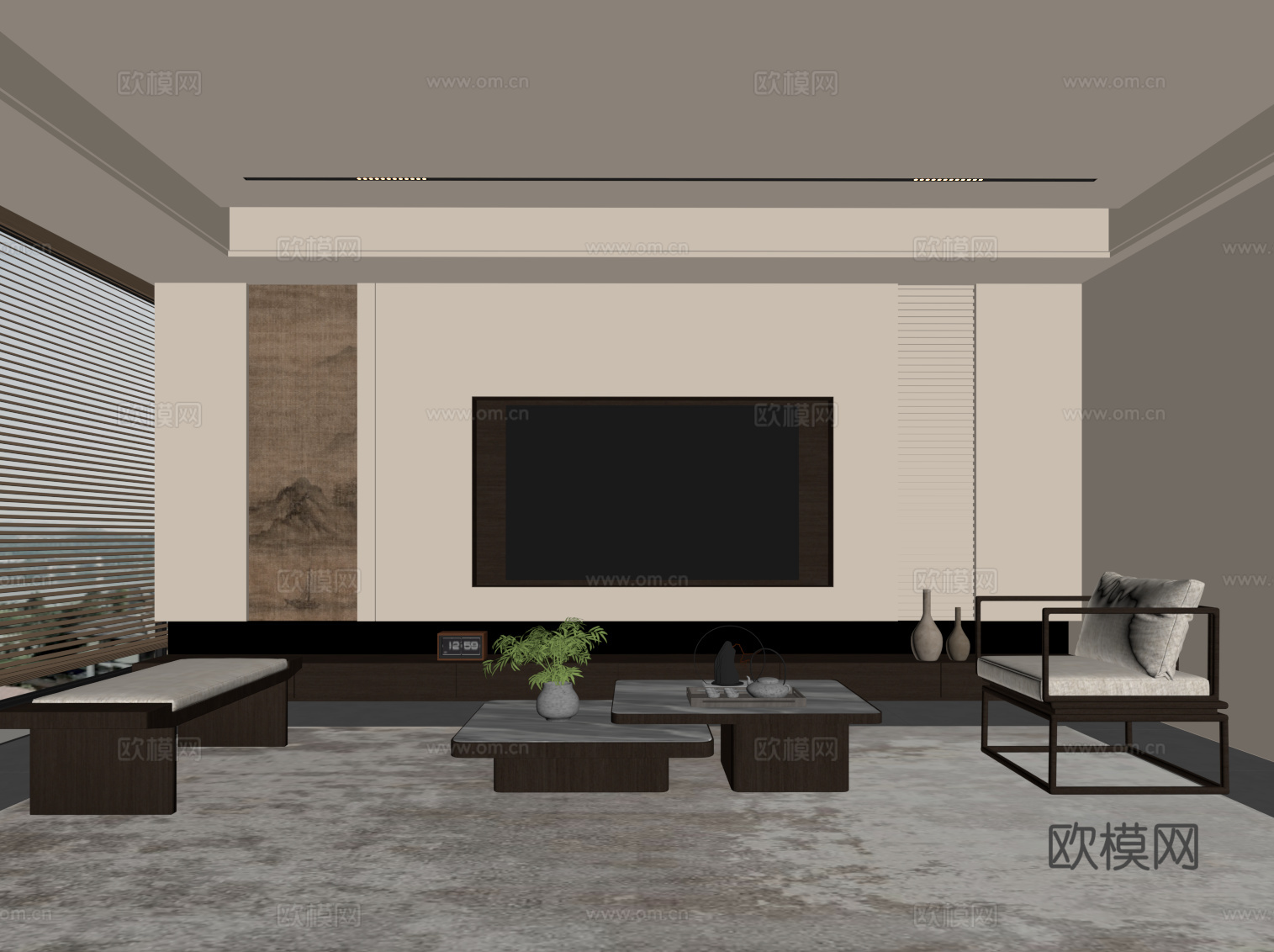 新中式客厅 电视背景墙 沙发茶几组合su模型