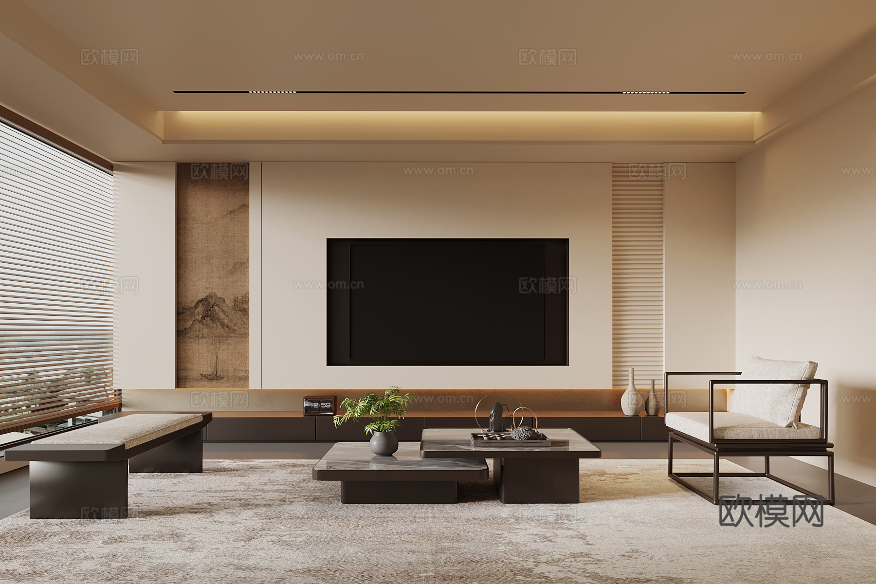 新中式客厅 电视背景墙 沙发茶几组合su模型