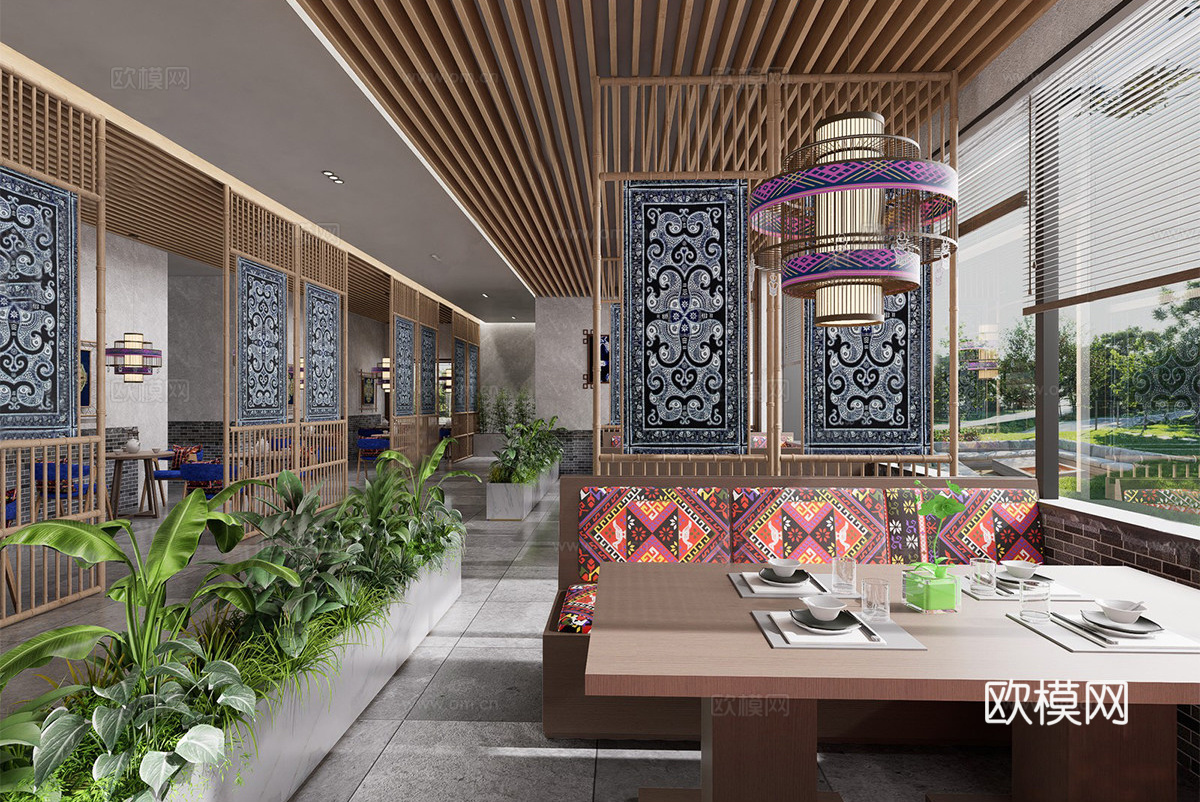 新中式餐厅 民族风餐饮店 餐饮卡座 餐桌椅组合 新中式快餐店su模型