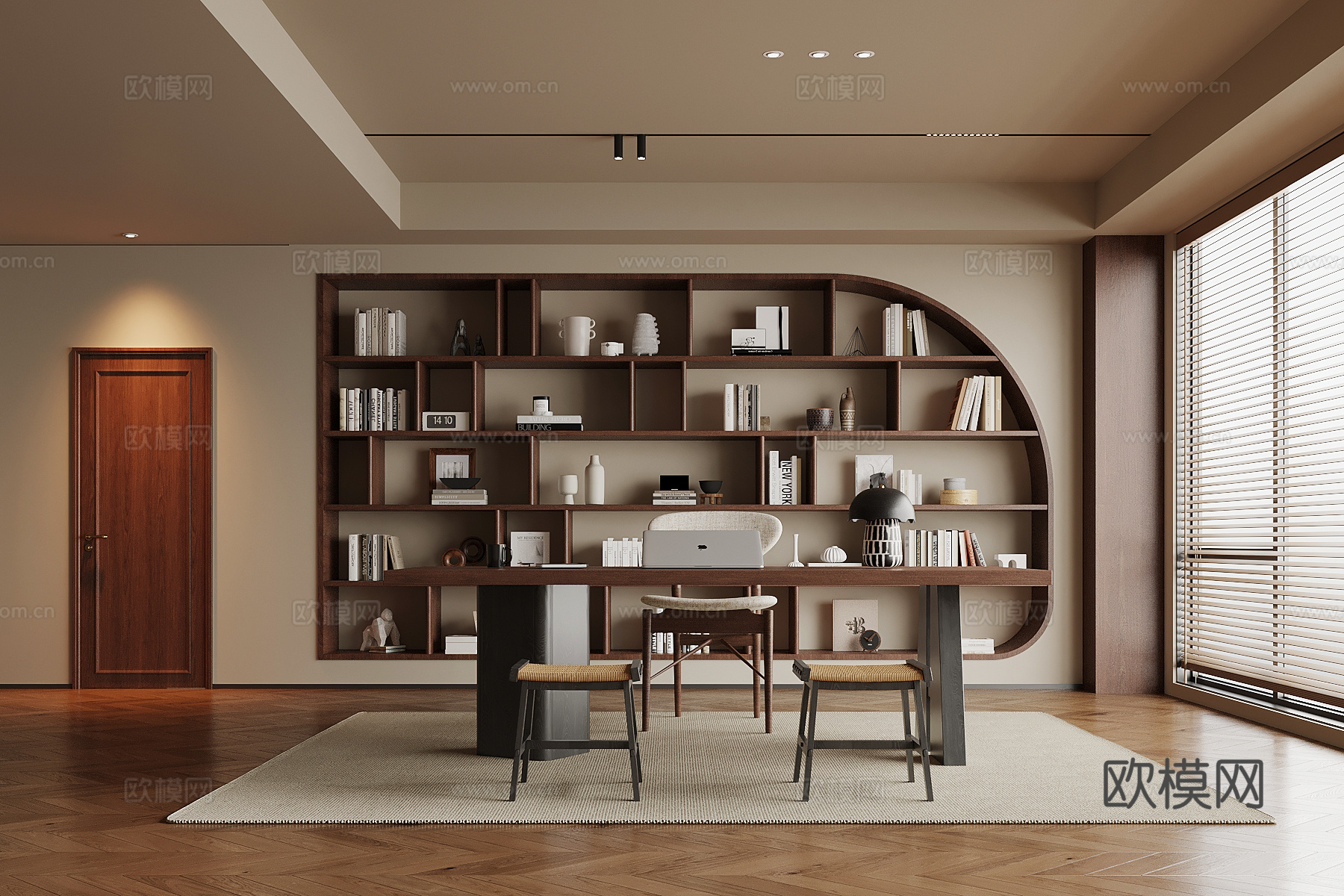 中古风开放式书房 书桌椅 嵌入式书柜su模型