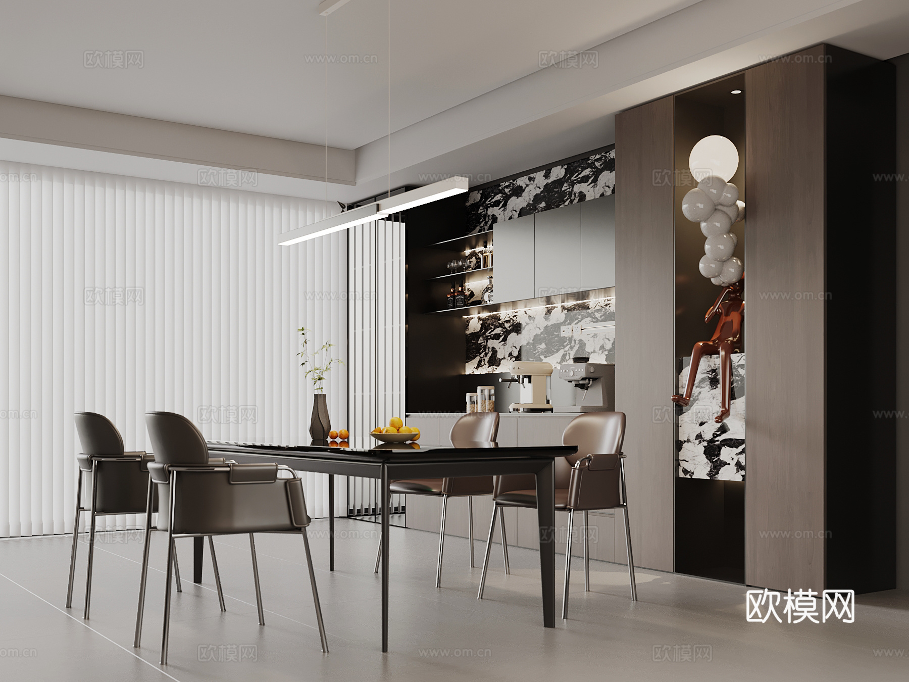现代意式餐厅 开放式餐厅 餐边柜 酒柜 餐桌椅su模型