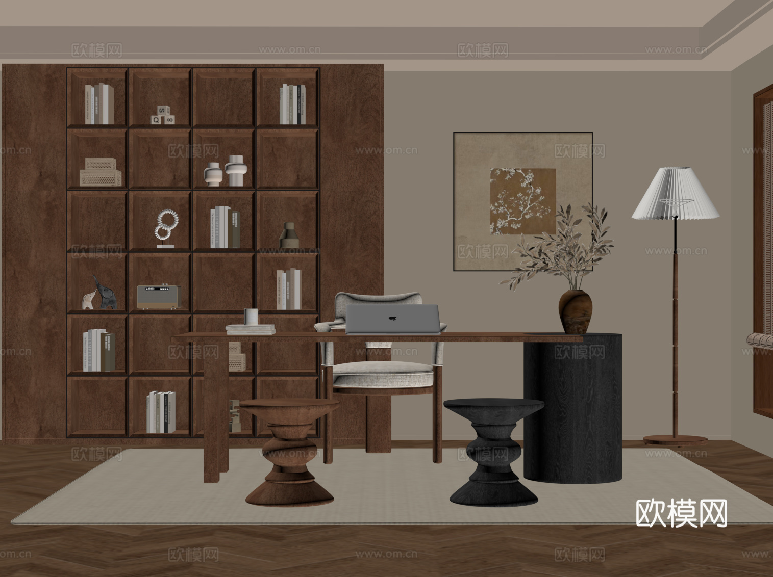 现代中古风书房 书桌椅 书柜 落地灯su模型