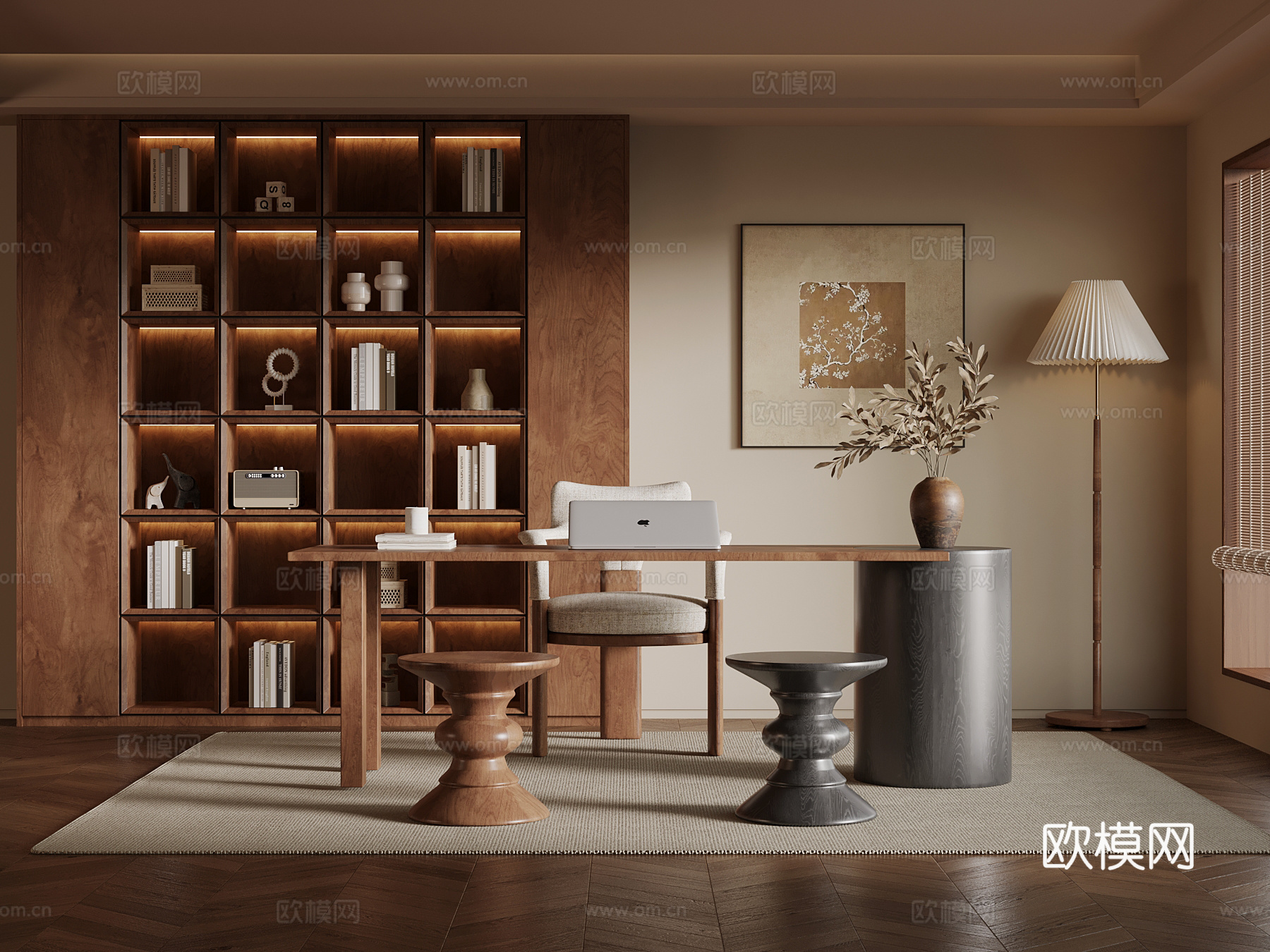 现代中古风书房 书桌椅 书柜 落地灯su模型