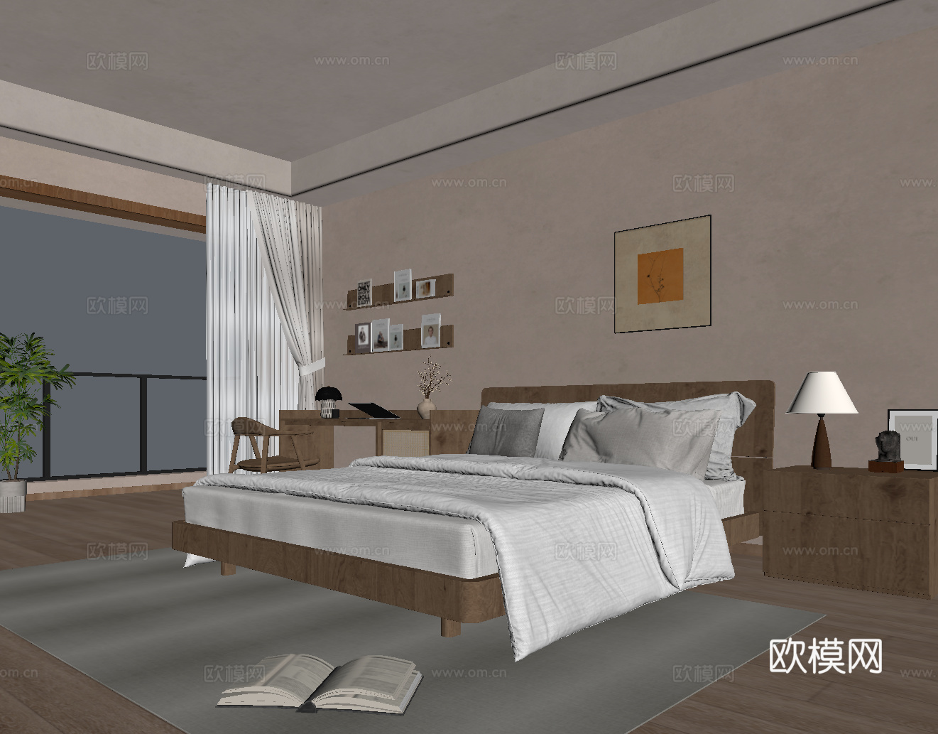 中古风家居卧室 双人床 书桌椅 床头柜su模型