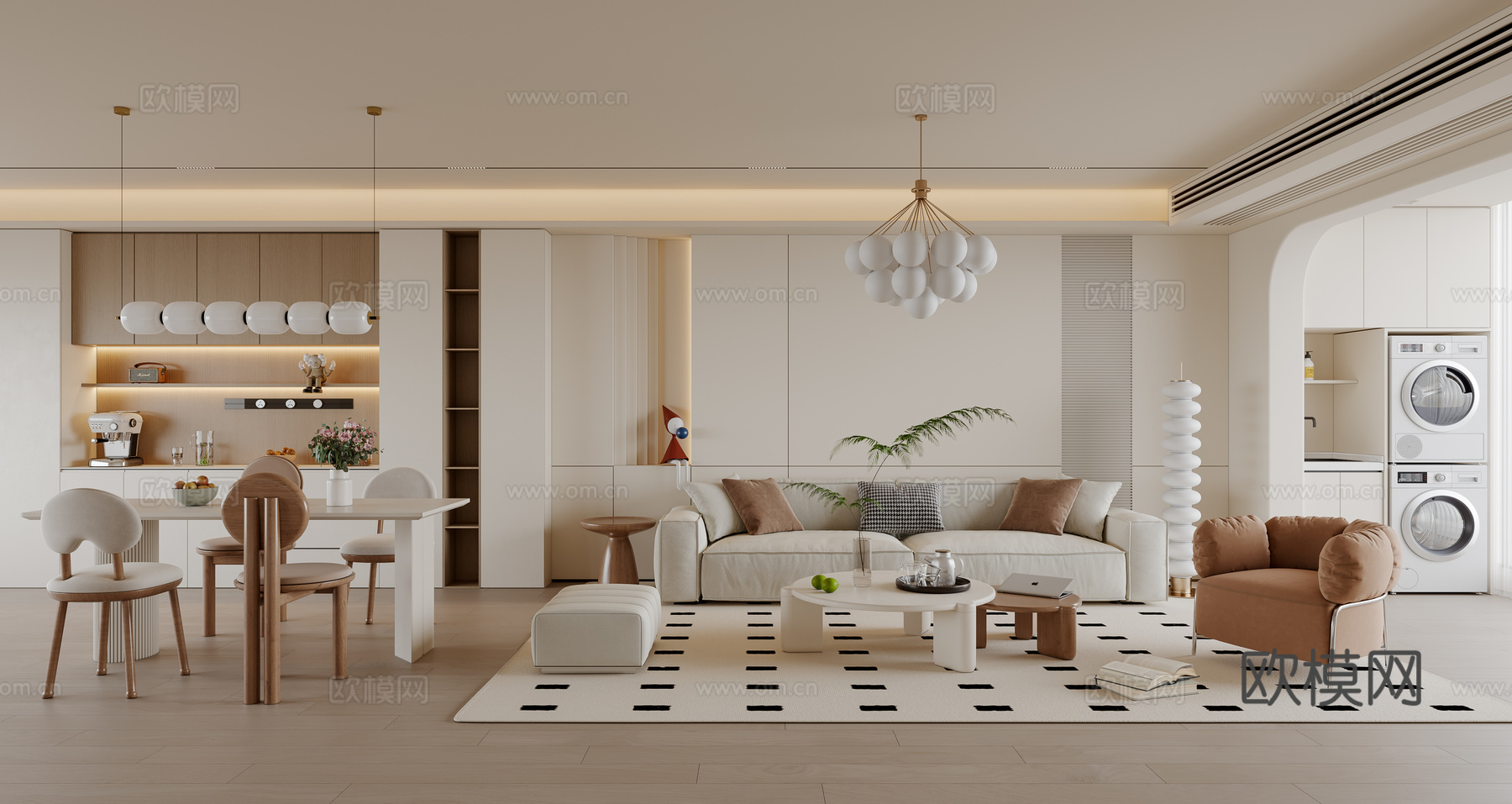 奶油风客餐厅 沙发茶几 餐桌椅 餐边柜 吊灯 地毯su模型