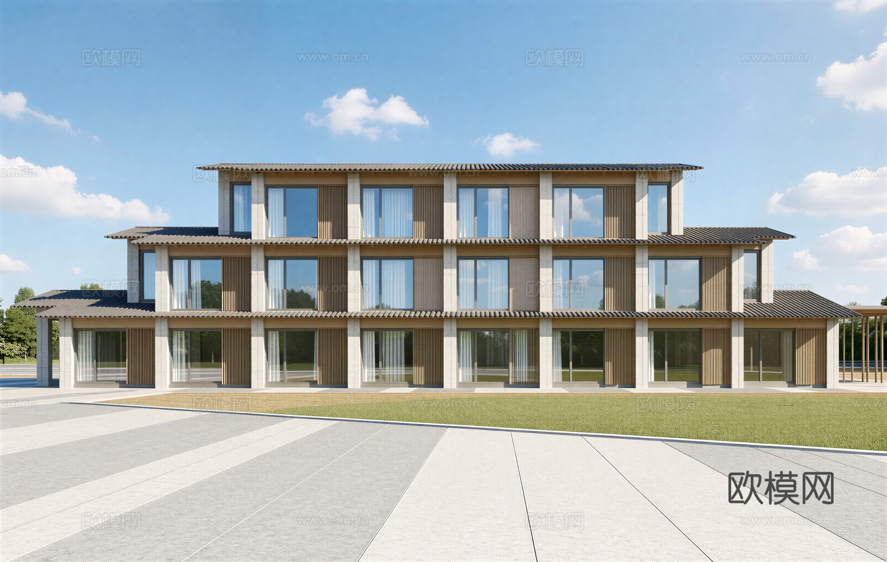 中式酒店 民宿 商业街 水街 民宿建筑su模型