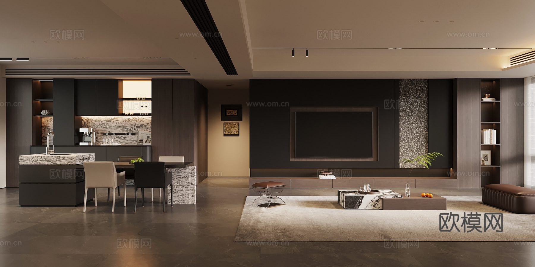 现代意式客餐厅 现代意式客餐厅 客厅 餐厅su模型