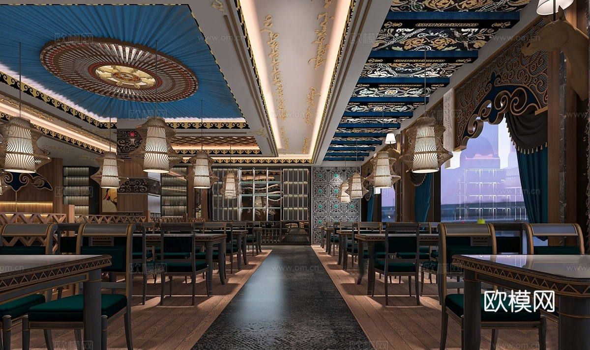 新中式餐厅 火锅店 餐饮空间 餐桌椅组合su模型