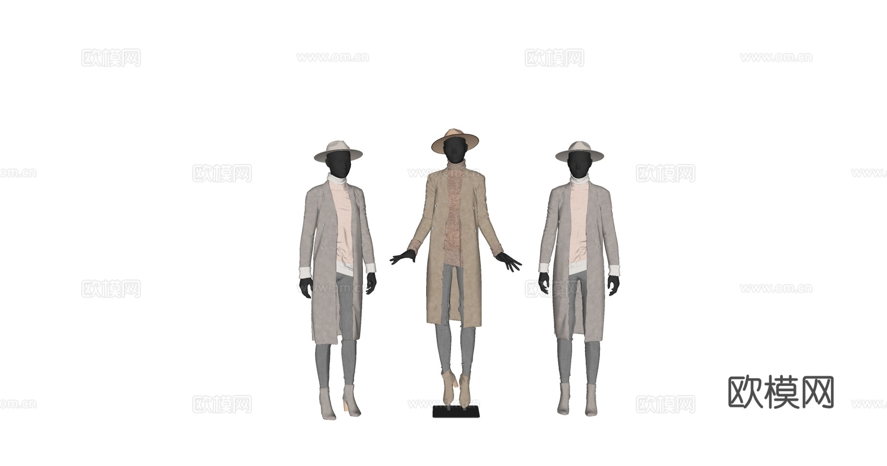 现代简约时尚人体模特服装 长款大衣 帽子靴子 多姿势 服装羊su模型