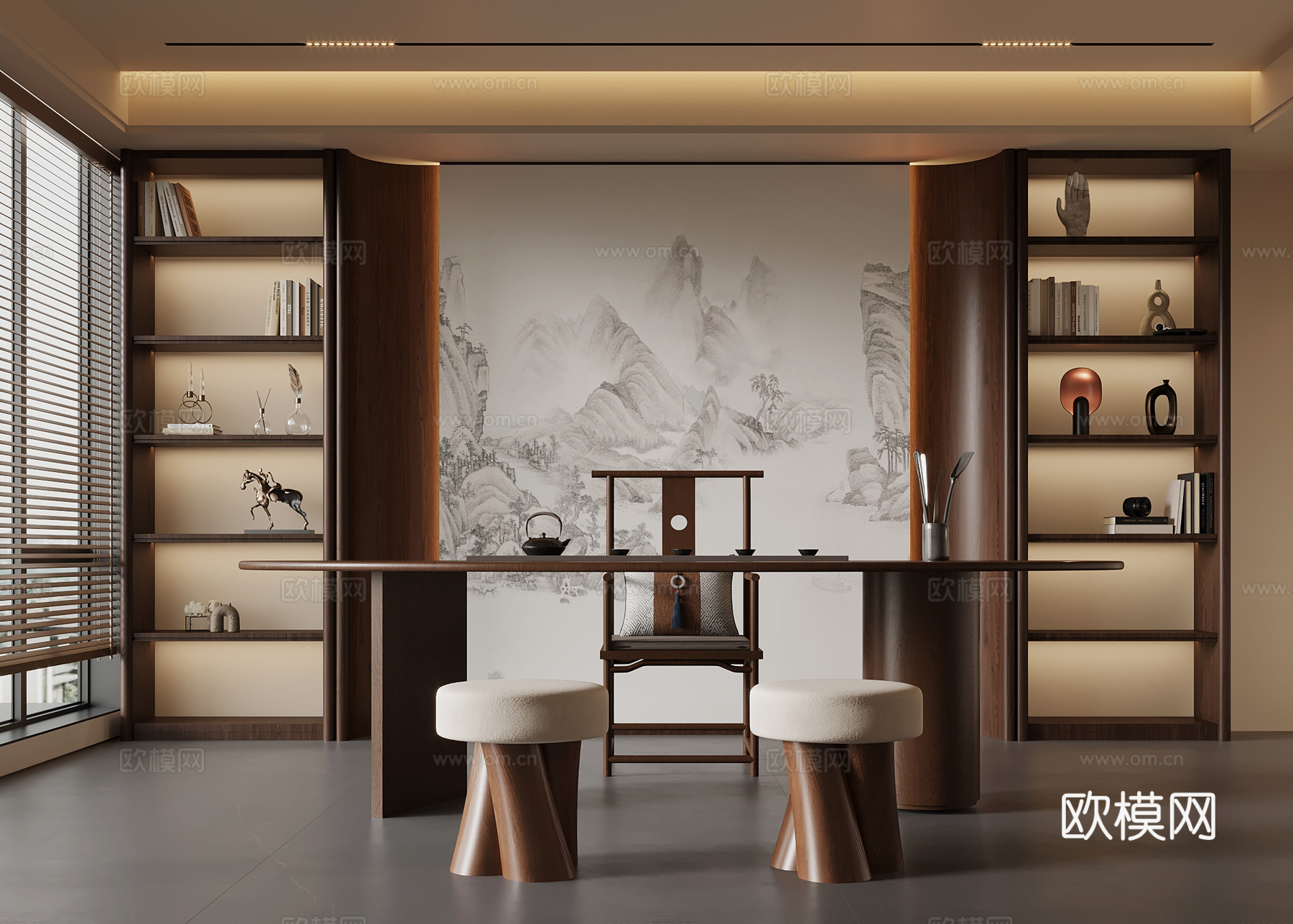 新中式茶室 复古茶室  茶桌椅 茶柜su模型