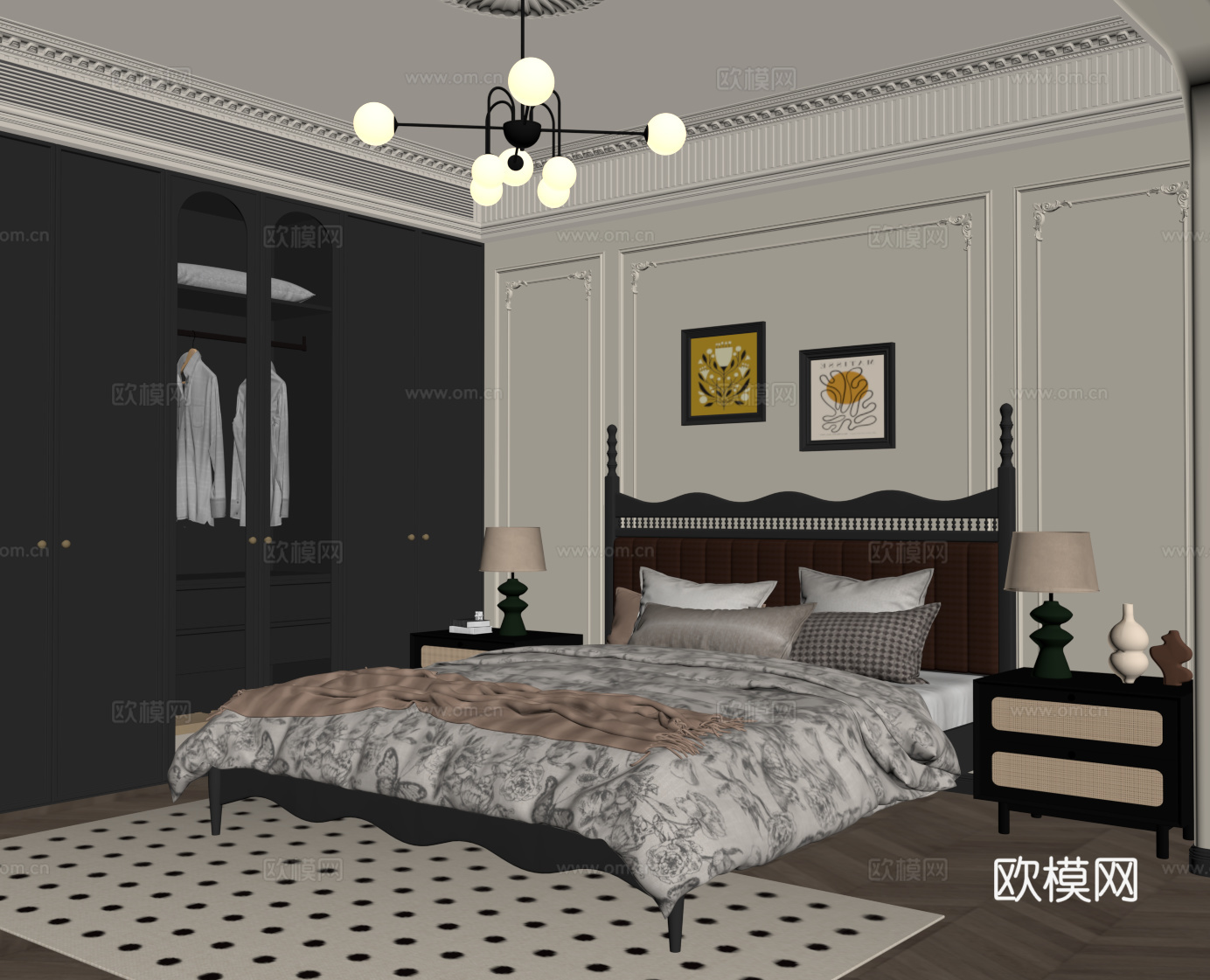 法式复古风卧室 双人床 床头柜 衣柜su模型