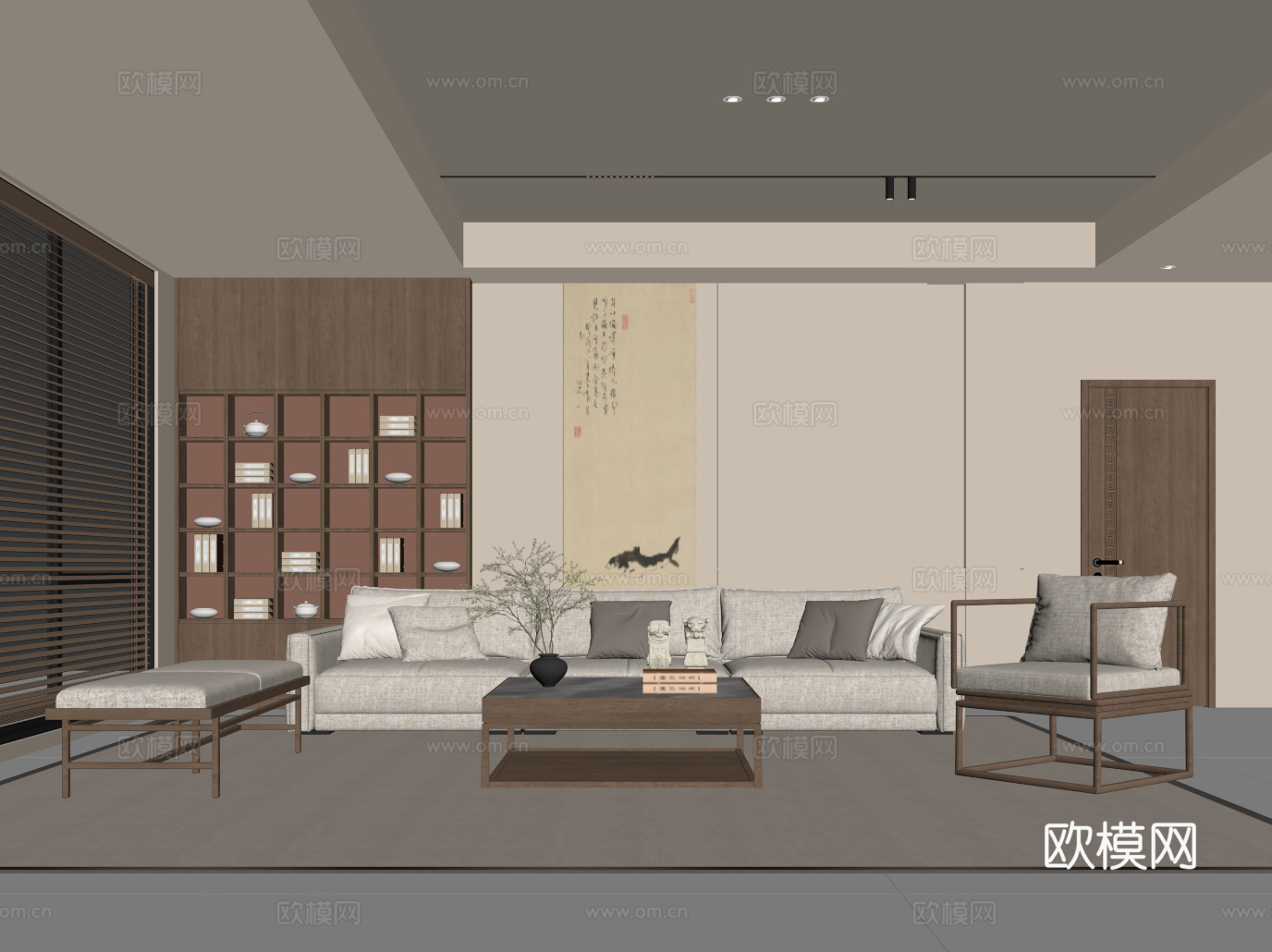 新中式客厅 沙发茶几组合 置物柜背景墙su模型