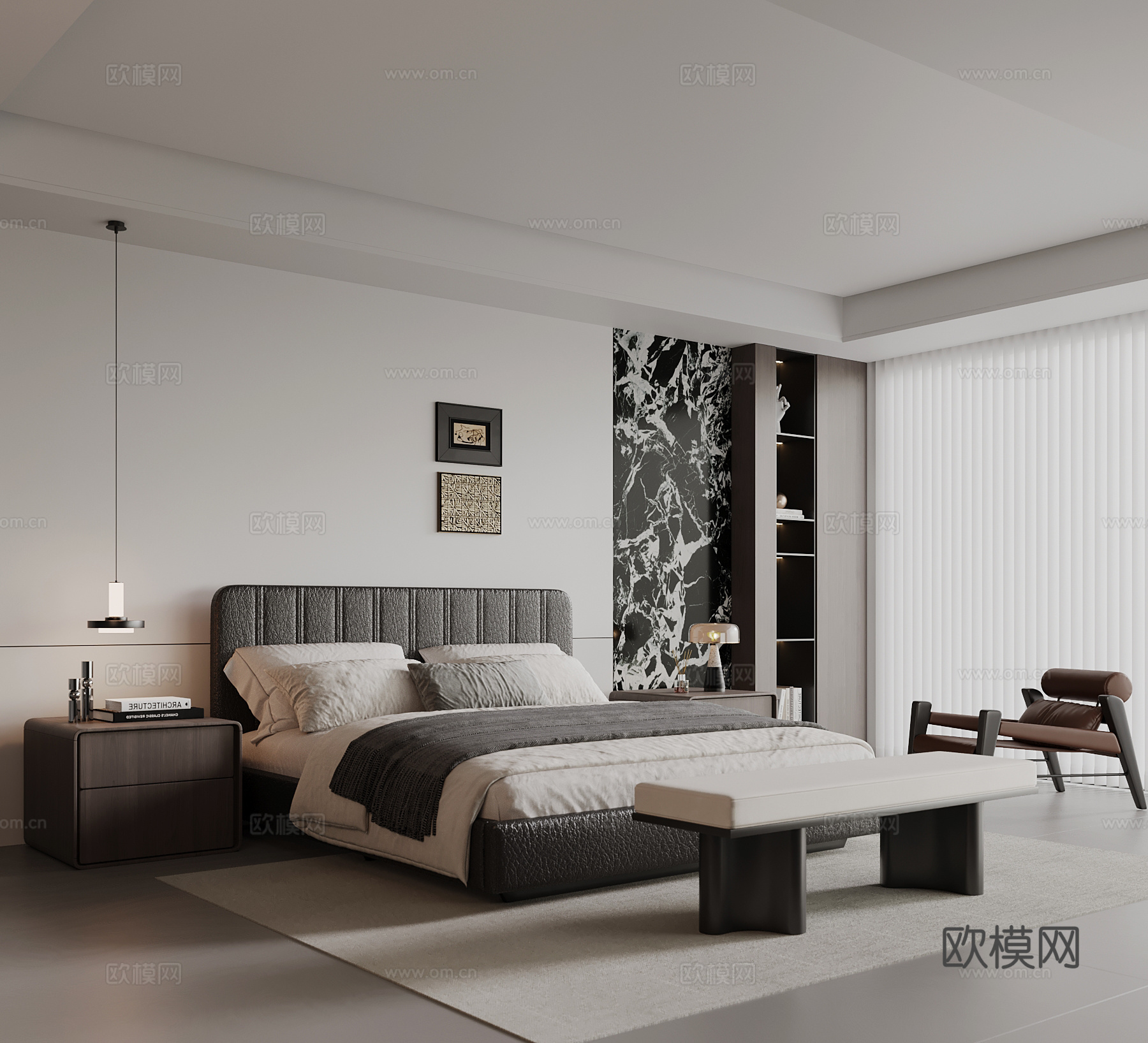 现代意式卧室 双人床 床头柜 背景墙su模型
