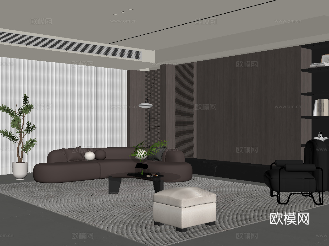 现代意式客厅 横厅 沙发茶几组合 背景墙su模型