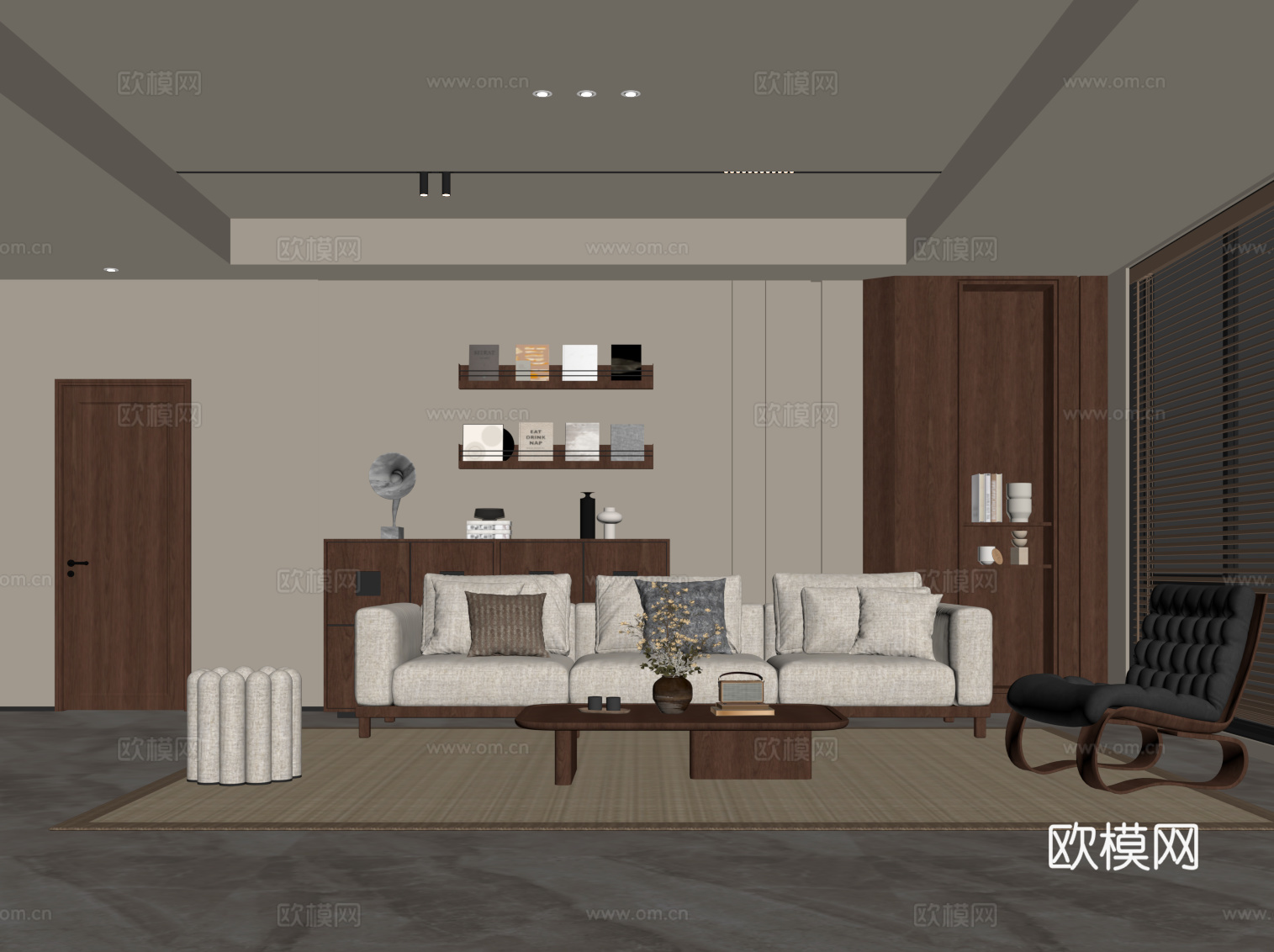 现代中古风客厅 沙发茶几组合 背景墙su模型