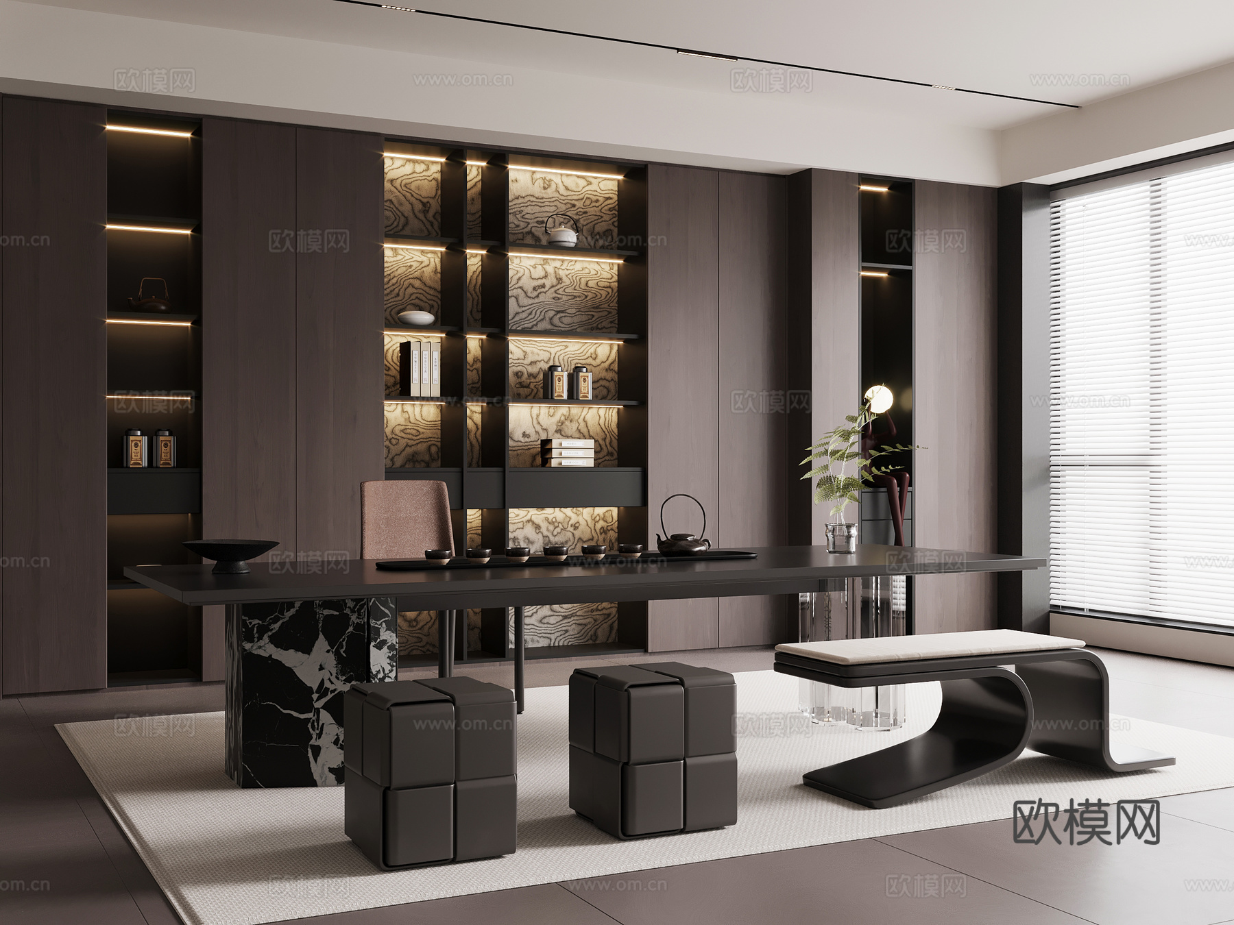 现代意式茶室 茶桌椅 茶柜su模型