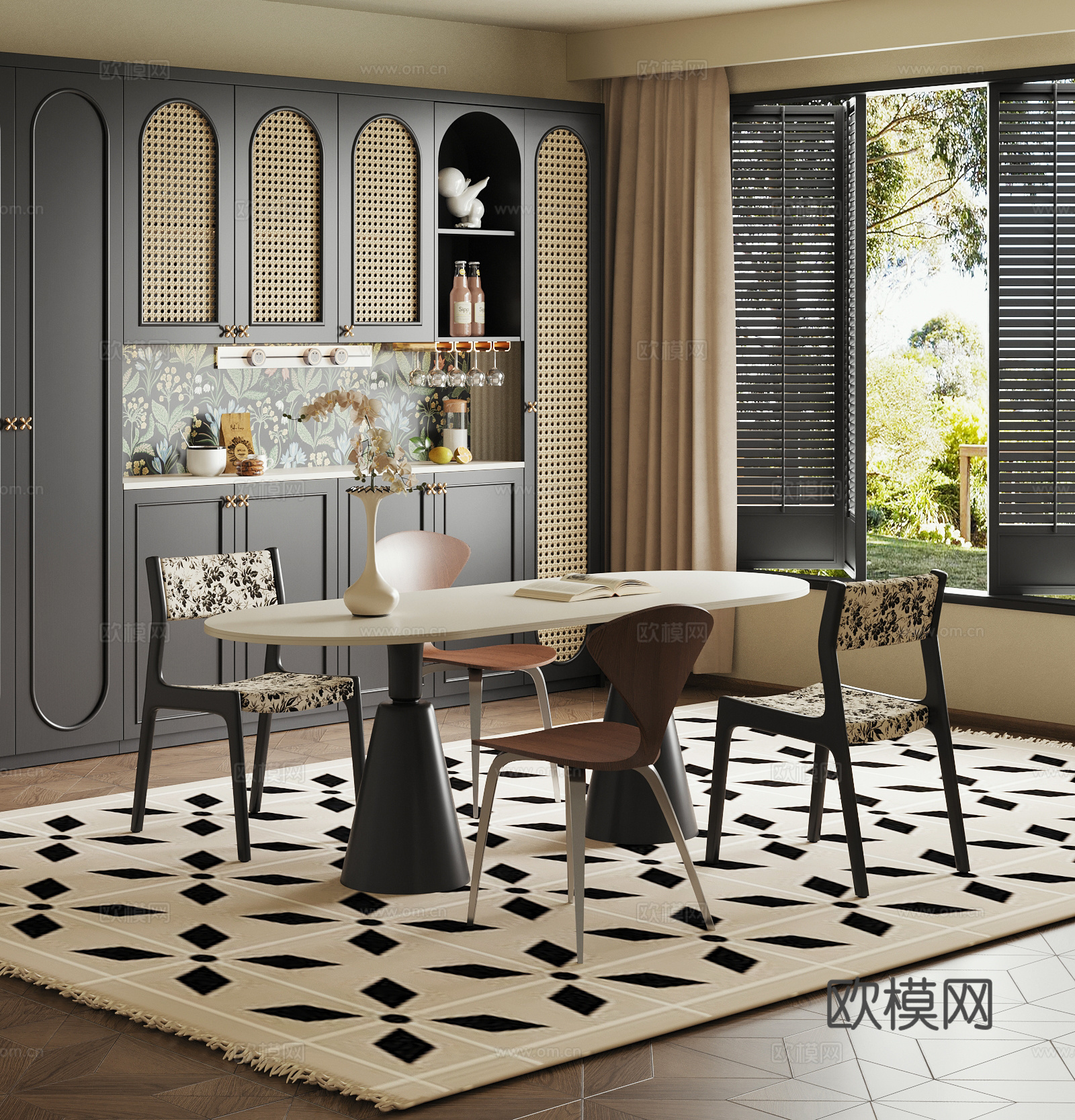 法式复古餐厅 餐桌椅 餐边柜su模型