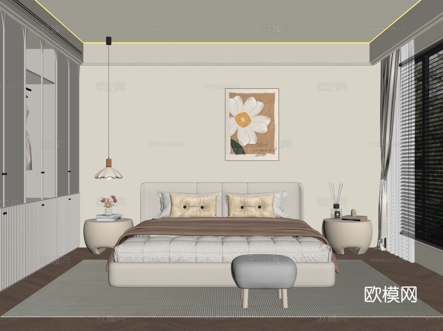 现代奶油风卧室 双人床 衣柜 床头柜su模型