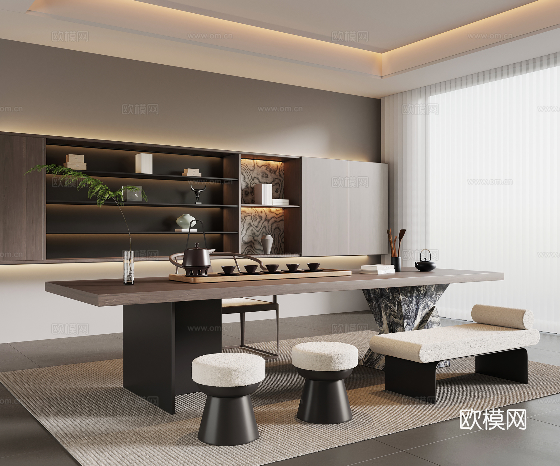 现代意式茶室 茶桌椅 茶柜su模型