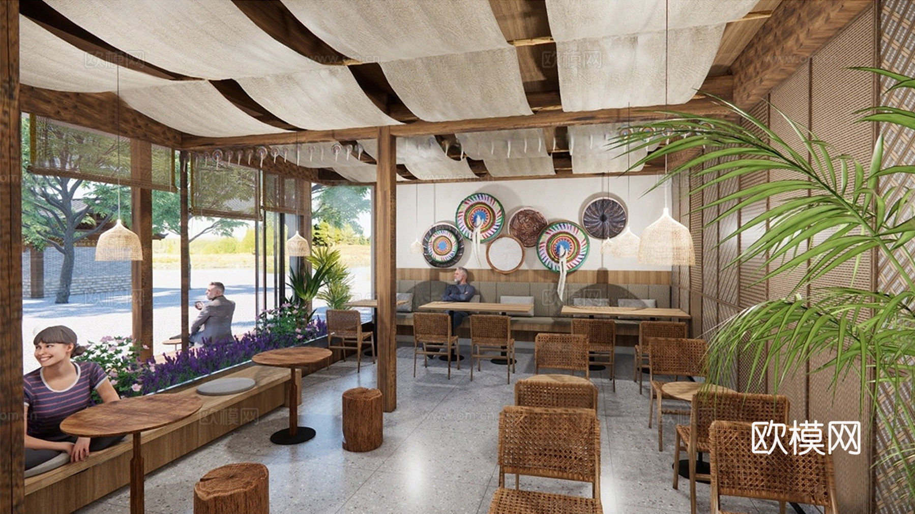 新中式餐厅 餐桌椅组合 中餐厅su模型