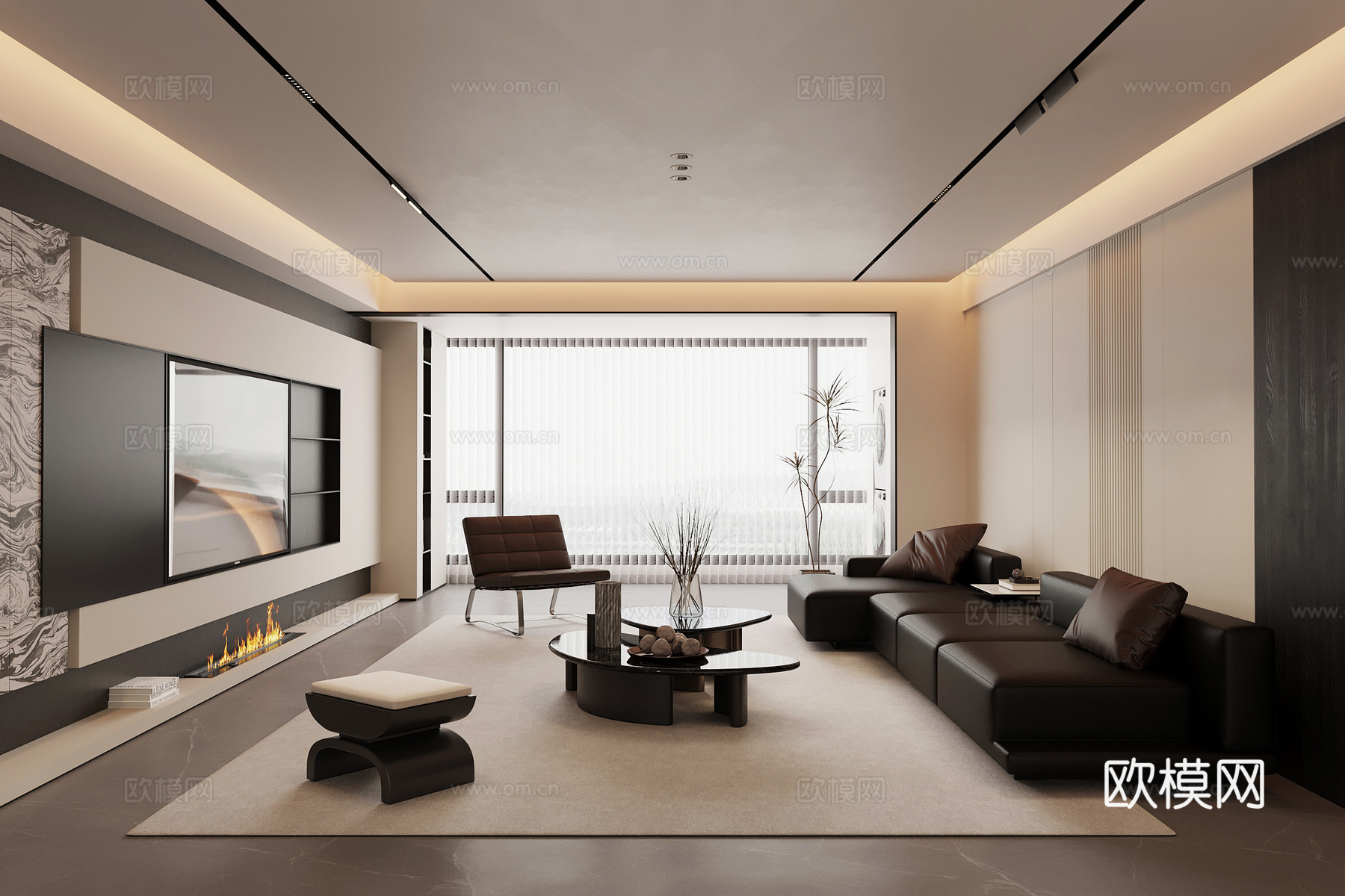 现代意式客厅 沙发茶几组合 电视背景墙su模型