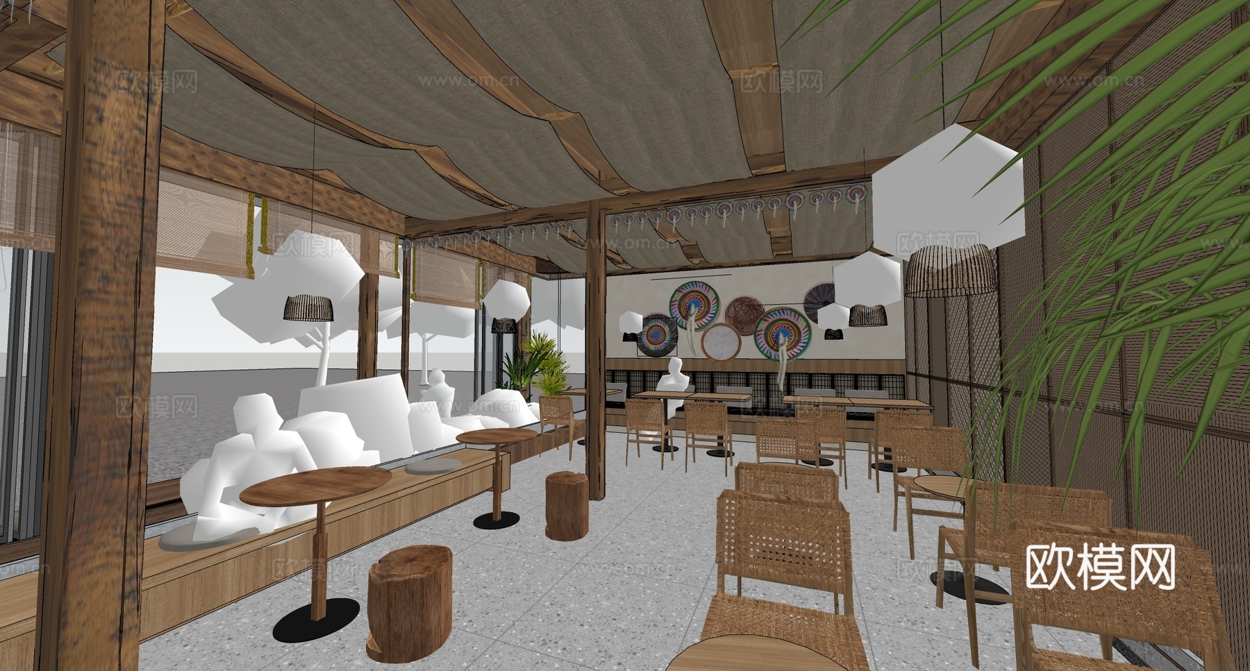 新中式餐厅 餐桌椅组合 中餐厅su模型