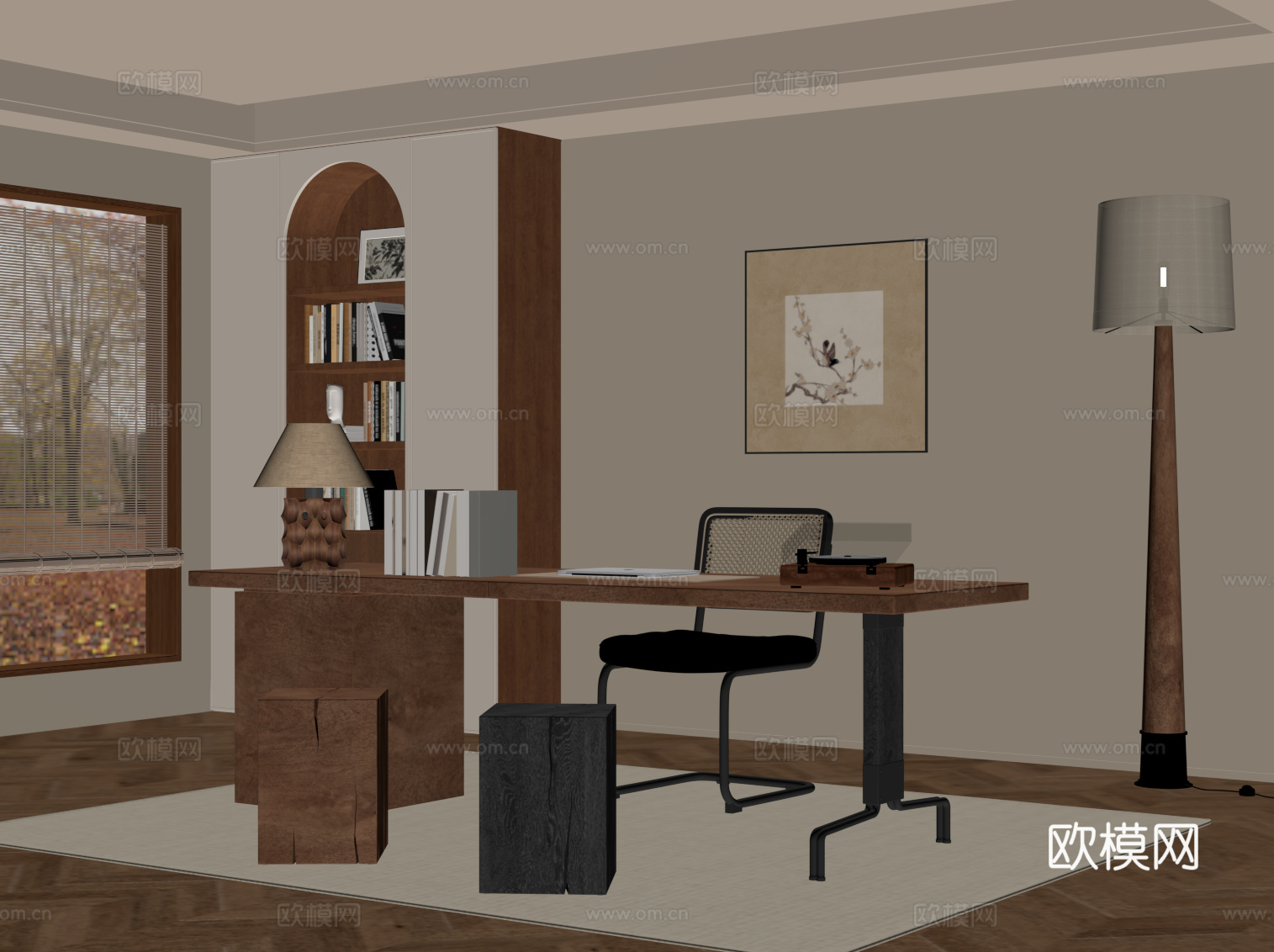 现代中古风书房 书桌椅 书柜 落地灯su模型