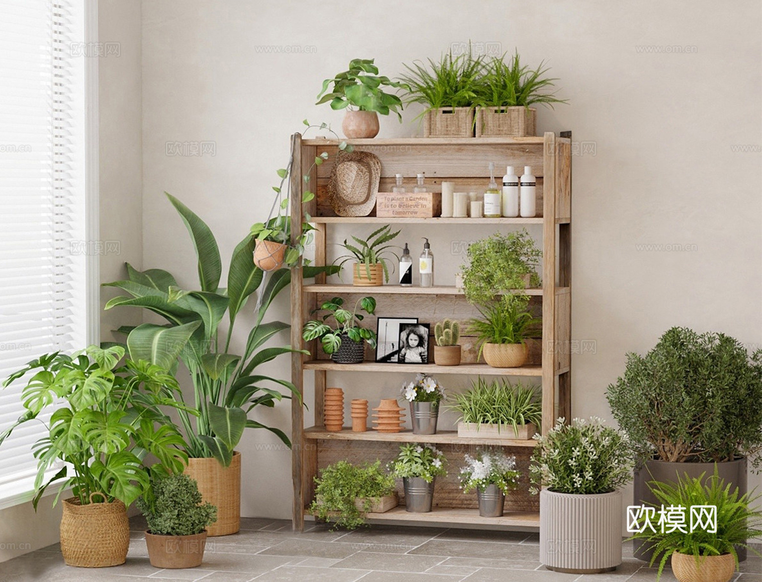 现代植物摆设组合 原木植物装饰柜 花架盆栽组合su模型