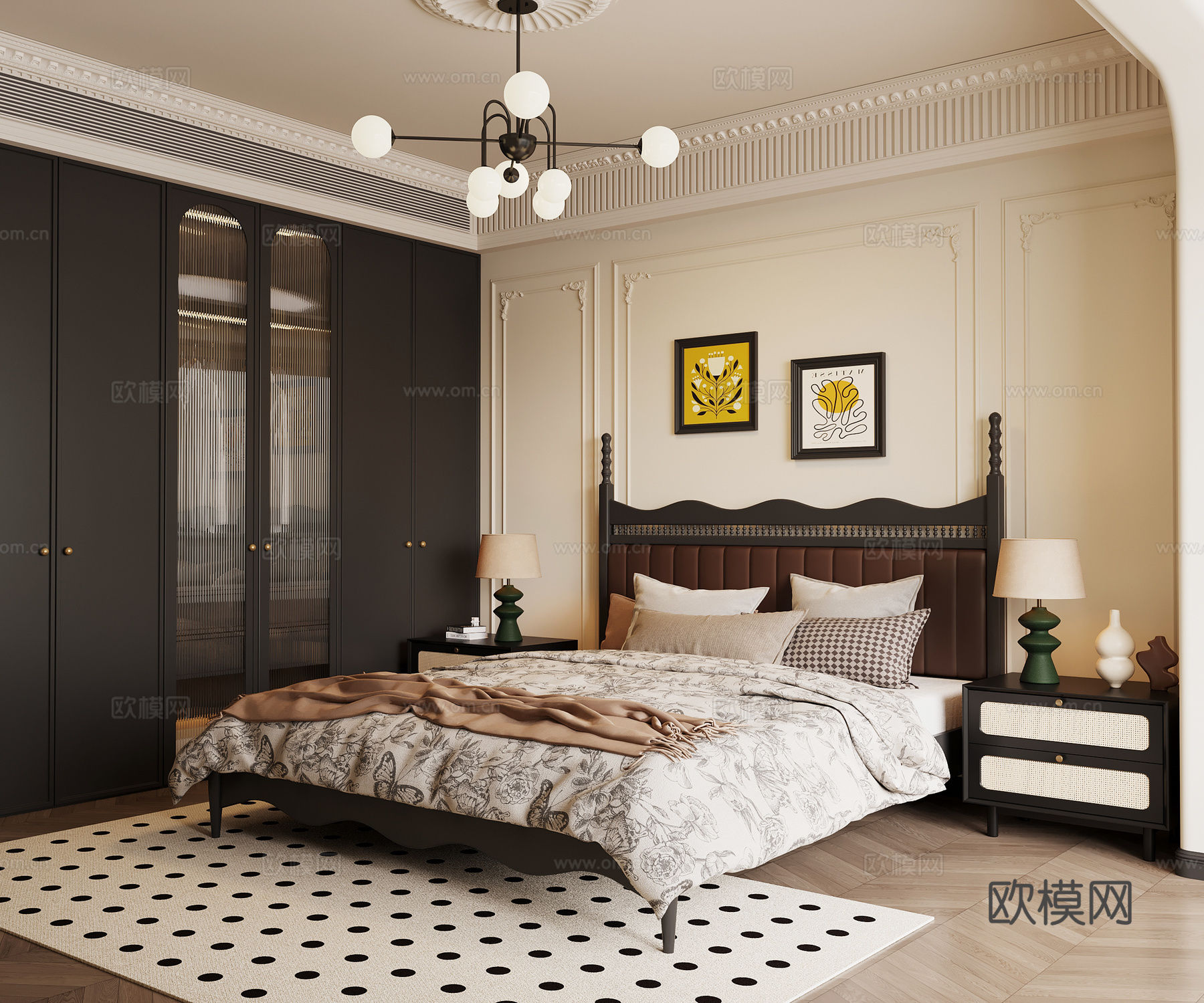 法式复古风卧室 双人床 床头柜 衣柜su模型