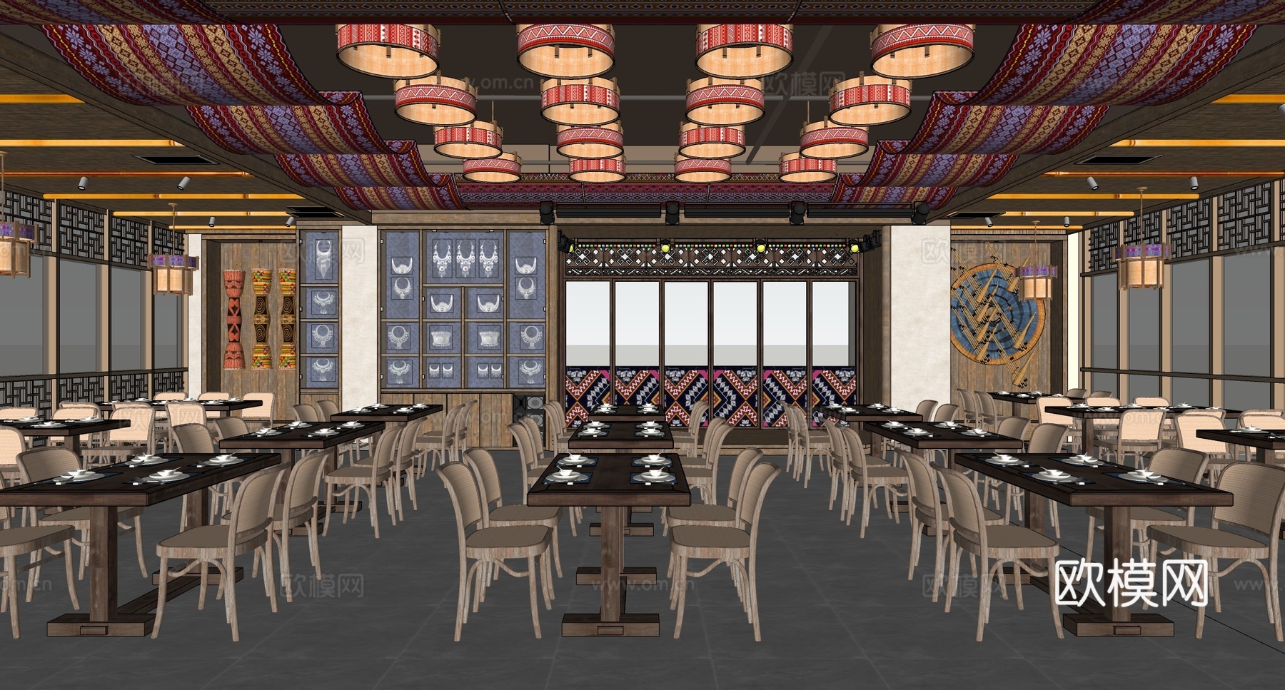 复古中古中餐厅 中餐厅明档 民族餐厅 酒店餐厅包厢 餐桌椅组su模型