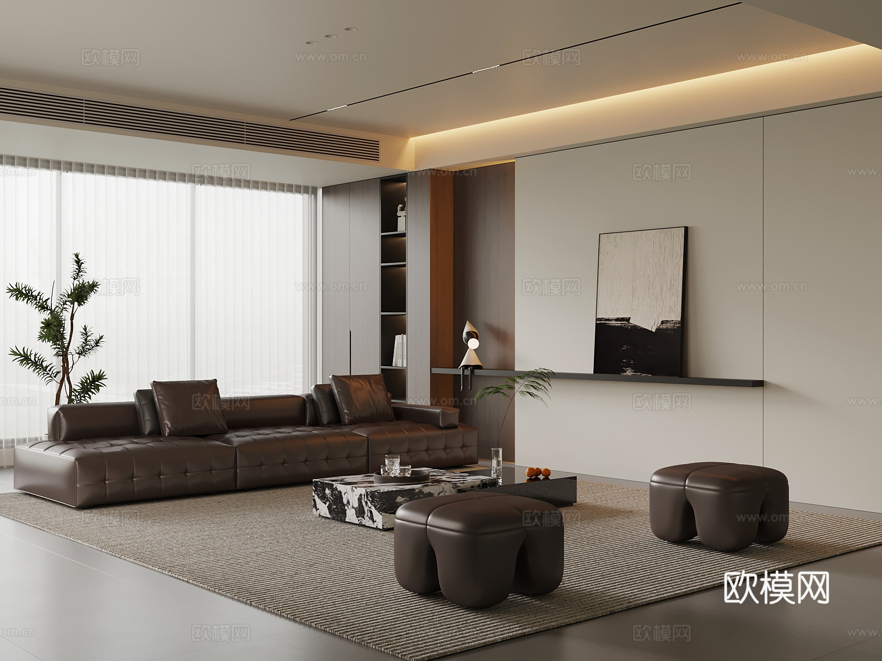 现代意式家居客厅 横厅 沙发茶几组合 背景墙su模型