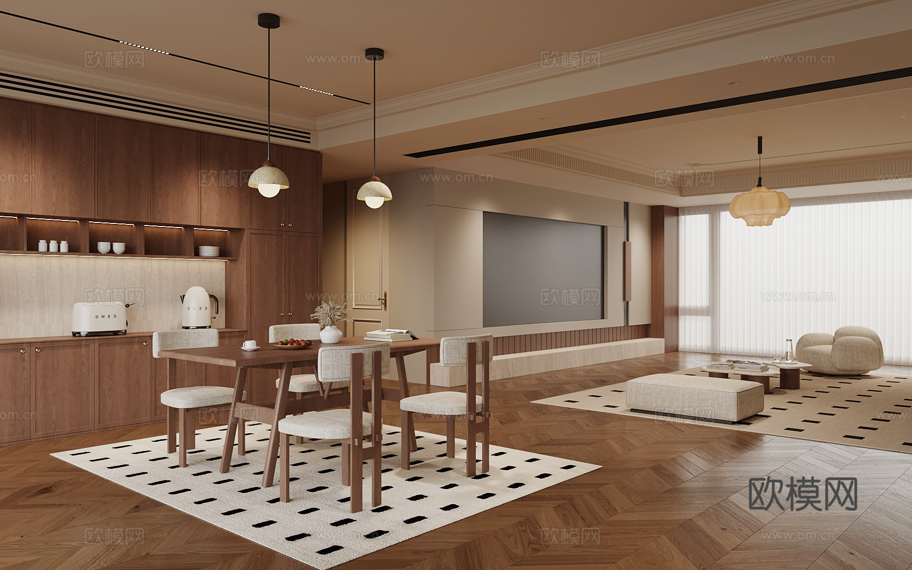 现代中古风客餐厅 沙发茶几组合 电视背景墙 餐边柜 餐桌椅su模型