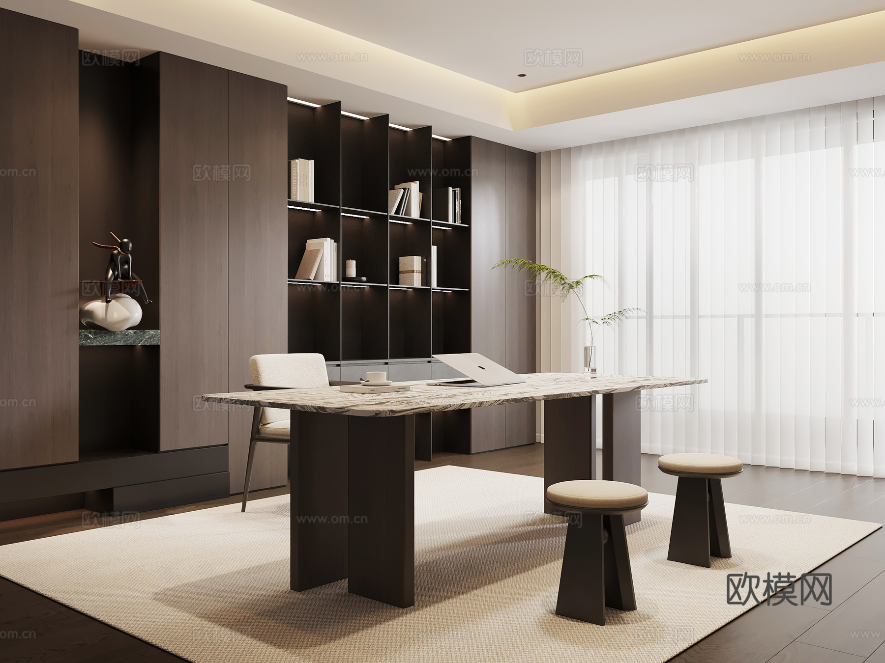 现代意式书房 书桌椅 书柜su模型