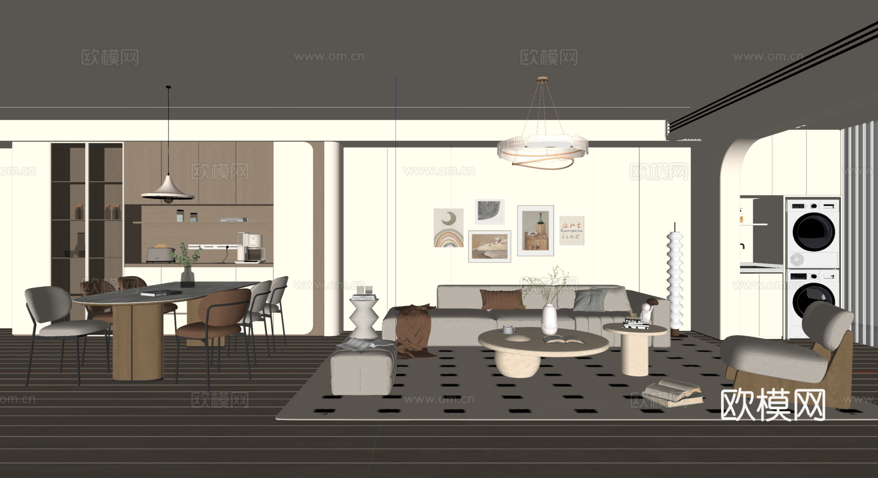 奶油风客餐厅 沙发茶几 餐桌椅 酒柜 吊灯 挂画 地毯su模型