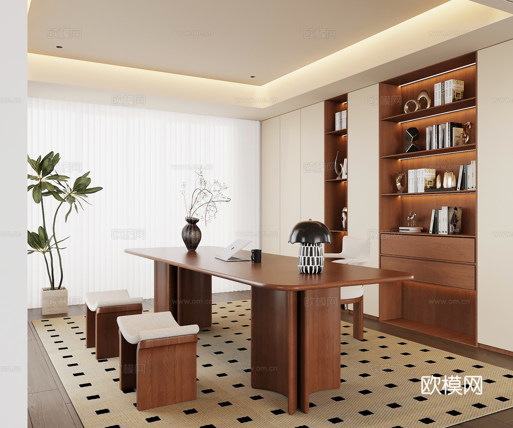 现代中古书房 中古风书柜 中古风书桌椅 实木书桌椅组合su模型