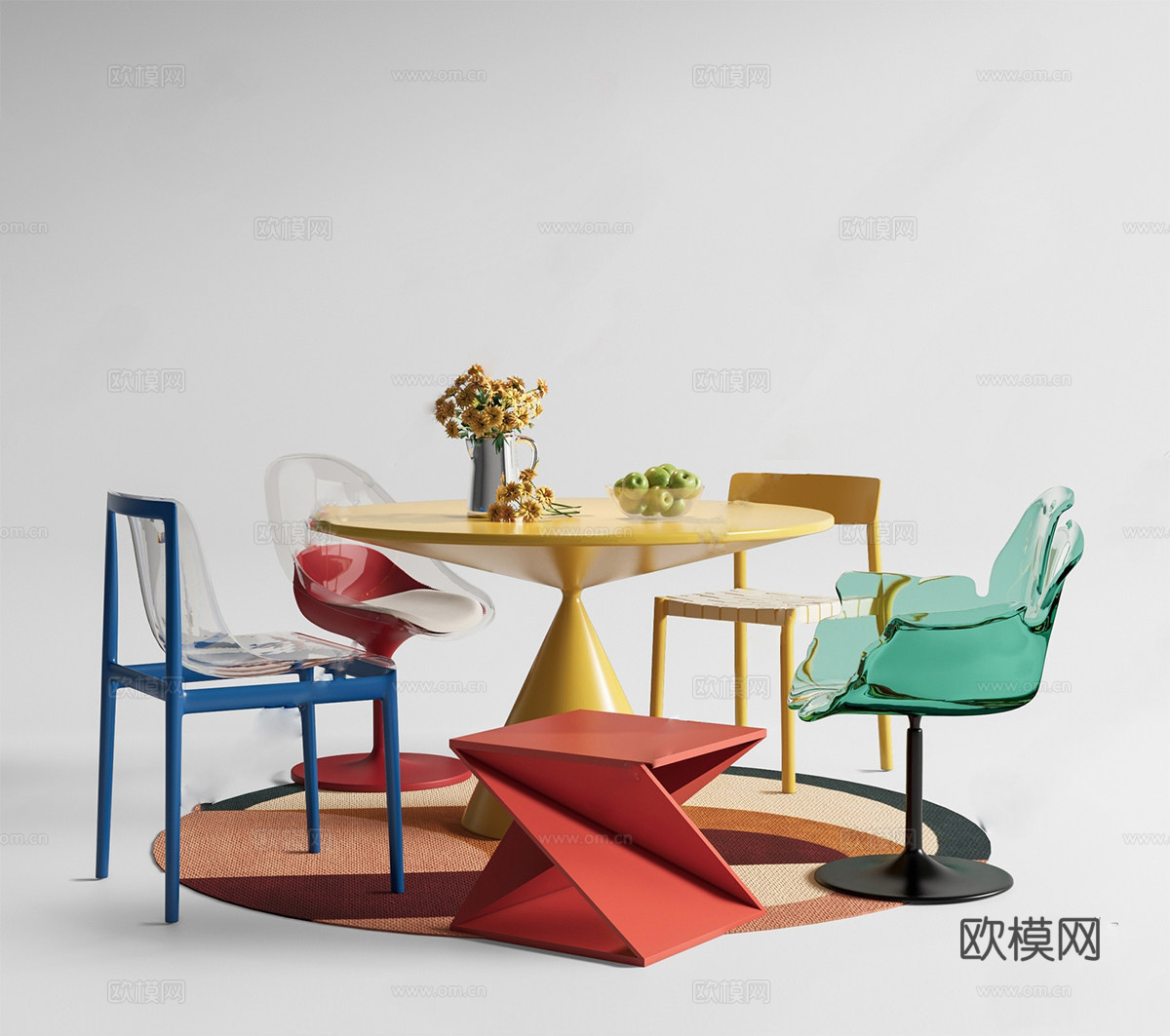 现代餐桌椅 多巴胺圆形餐桌椅 孟菲斯餐椅 休闲桌椅su模型