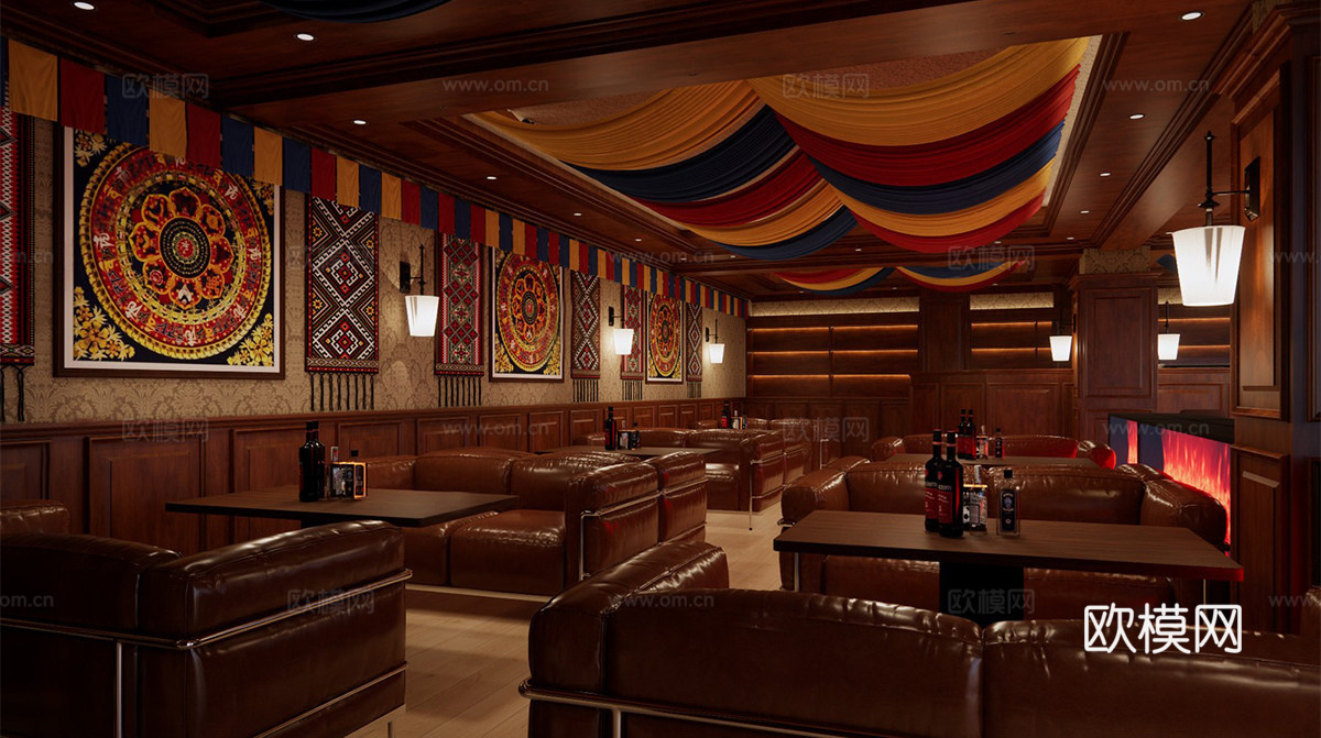 复古咖啡厅 咖啡卡座su模型