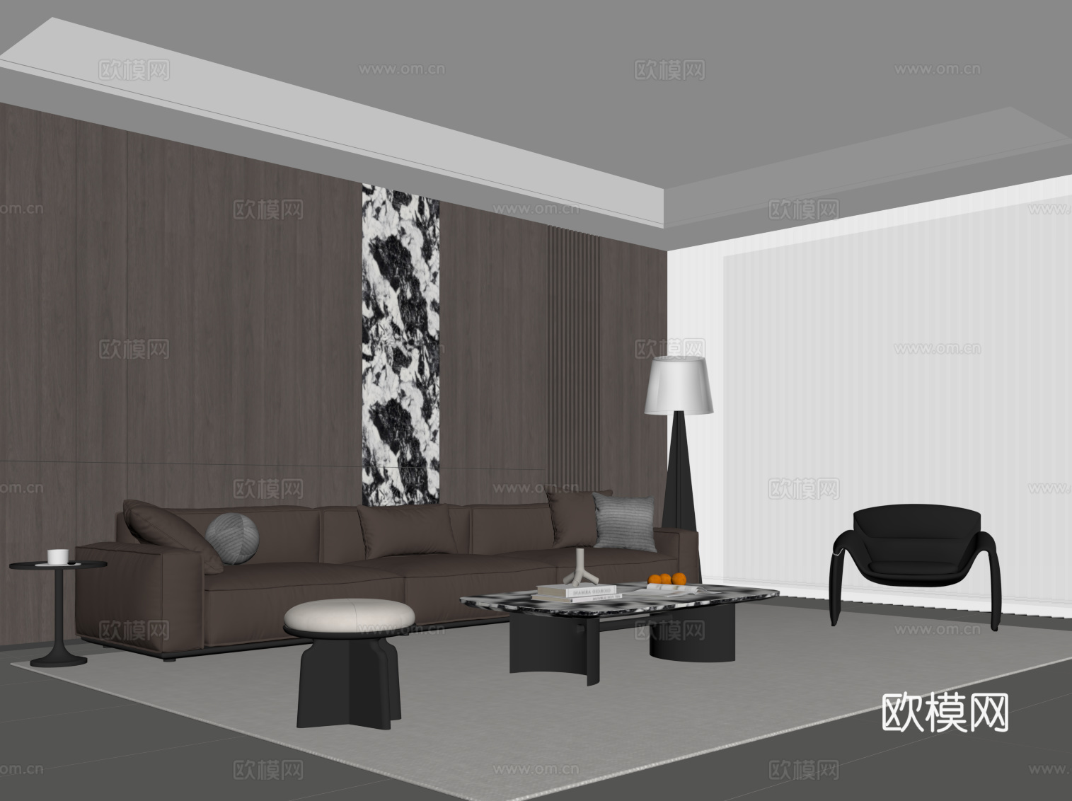 现代意式客厅 沙发茶几组合 背景墙 落地灯su模型