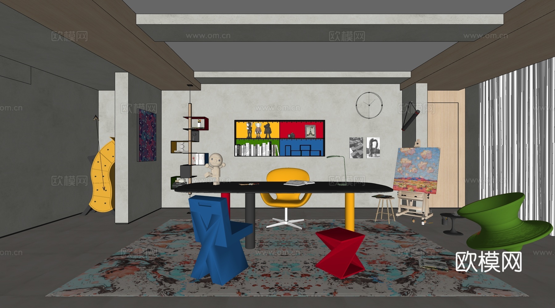 现代孟菲斯书房 书桌椅组合 画框 置物架su模型