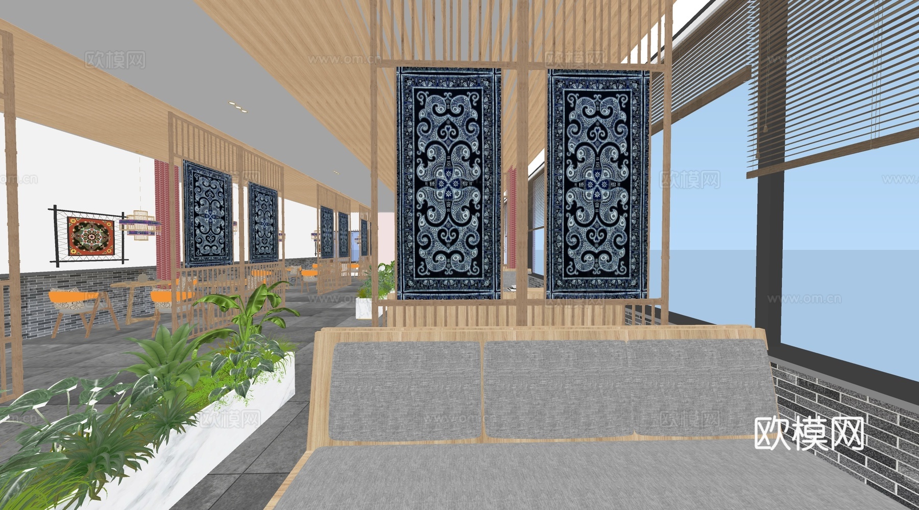 新中式餐厅 民族风餐饮店 餐饮卡座 餐桌椅组合 新中式快餐店su模型