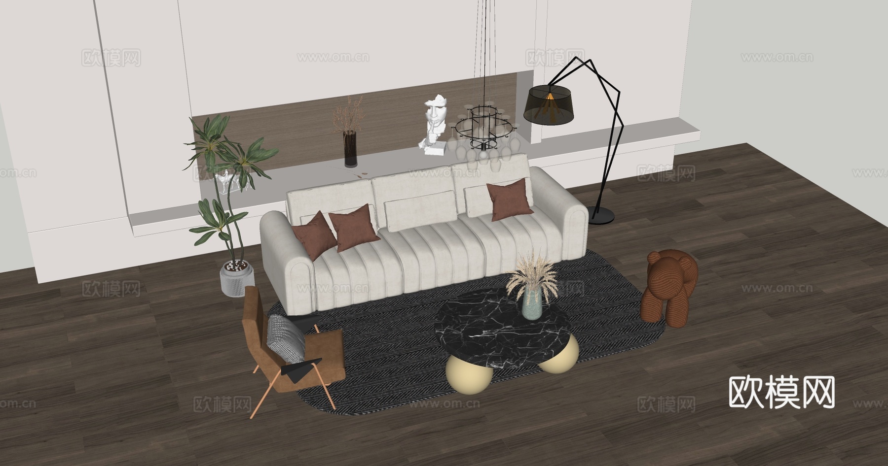 法式轻奢沙发组合 动物凳 大理石茶几 吊灯装饰 创意动物造型su模型