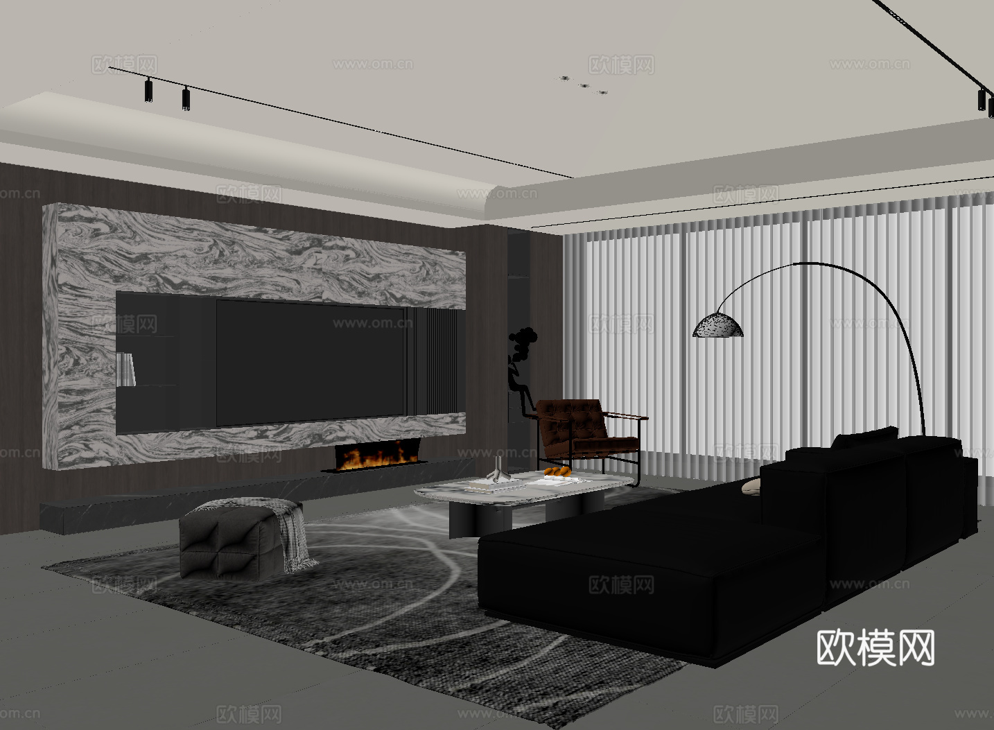 现代意式客厅 沙发茶几组合 电视背景墙su模型